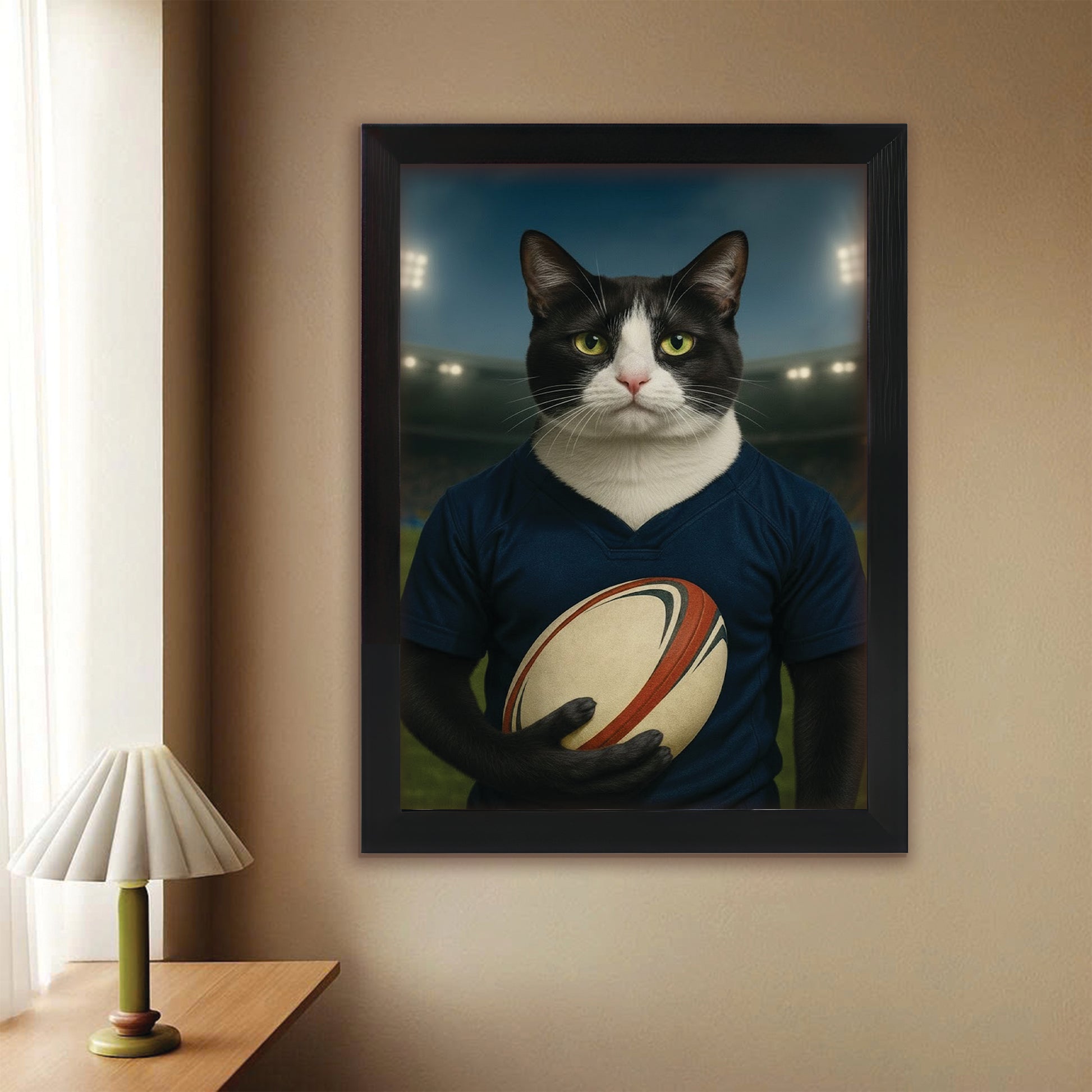 Custom Cat Rugby Sport Cat Canvas Framed Wall Art Gift For Cat Lovers
