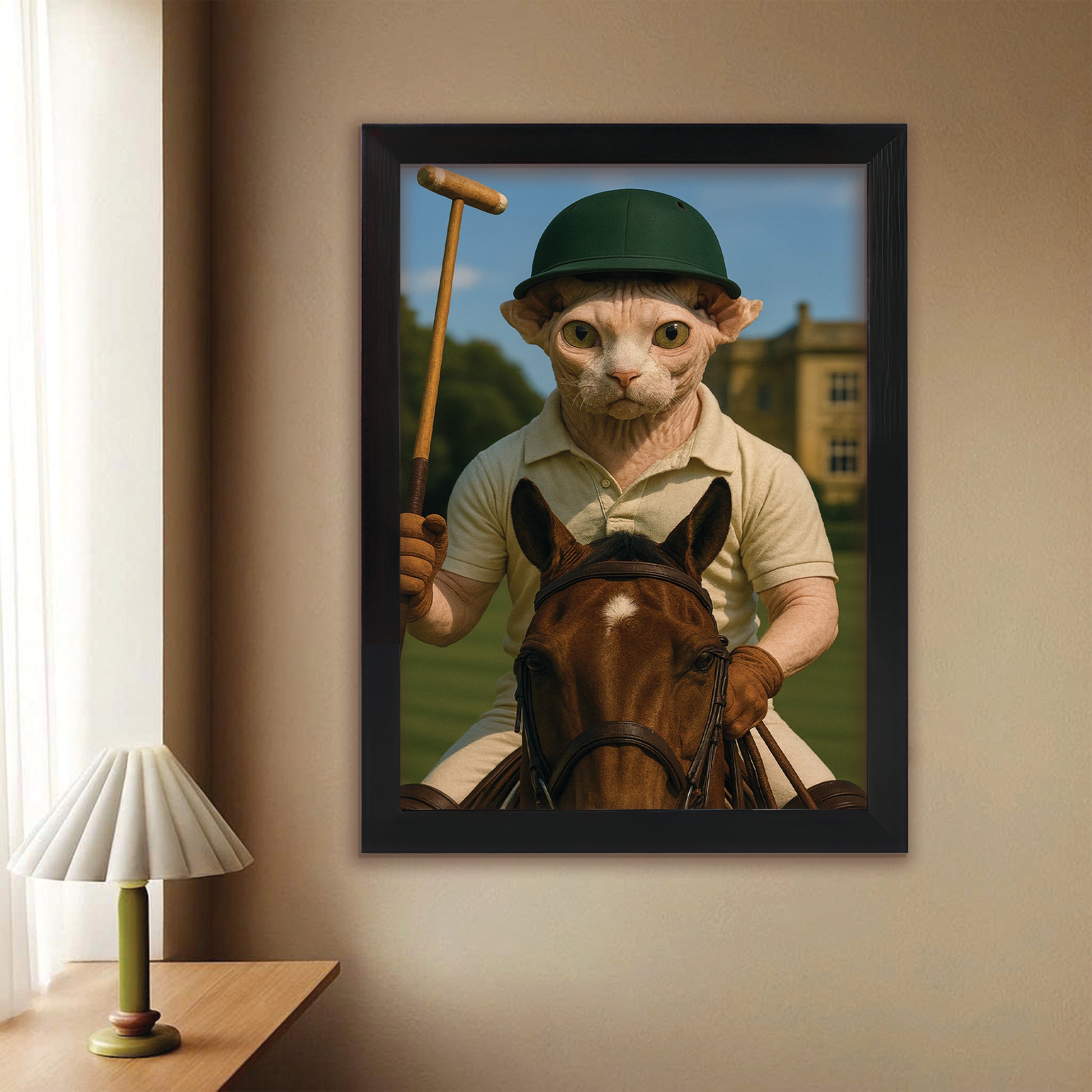 Custom Photo Polo Sport Cat Canvas Framed Wall Art Gift For Cat Lovers