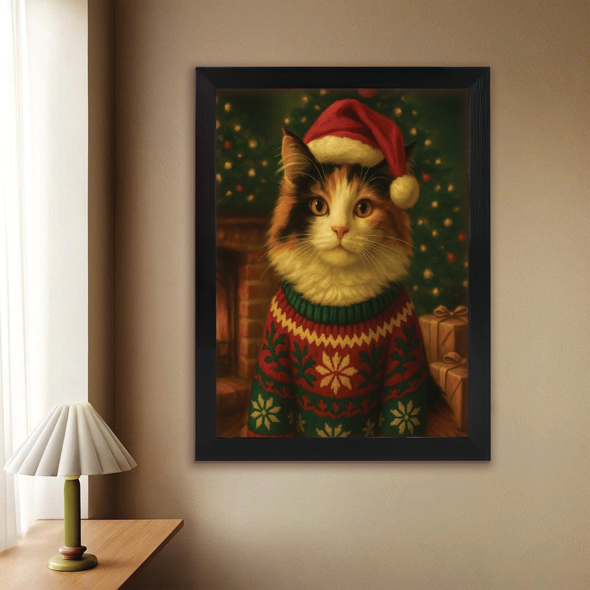 Custom Photo Cat Christmas Oufit Canvas Framed Wall Art