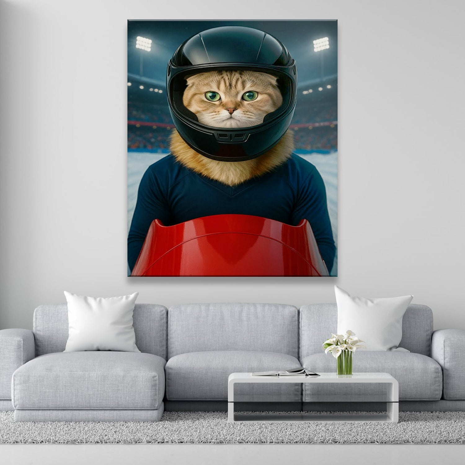 Custom Photo Bobsled Winter Race Cat Canvas Gift For Cat Lovers