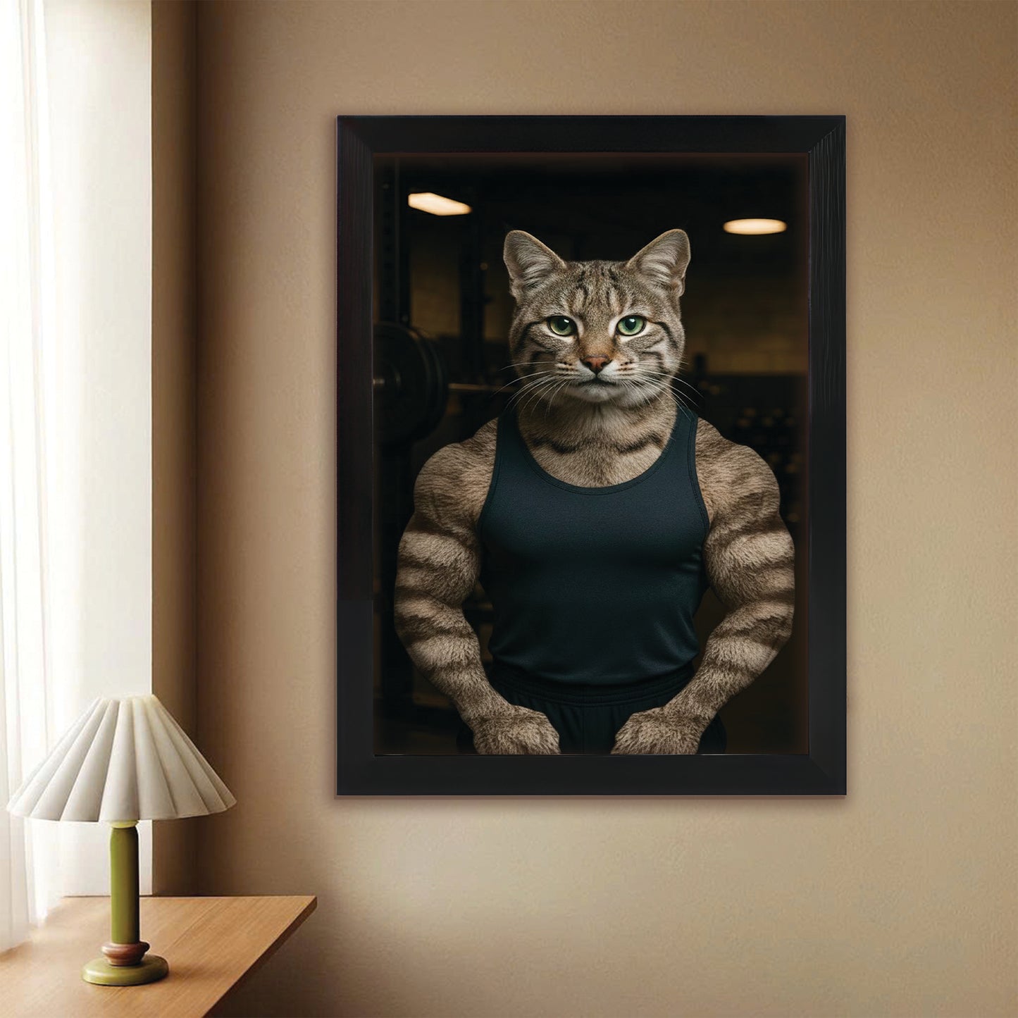 Custom Photo Body Builder Cat Canvas Framed Wall Art Gift For Cat Lovers