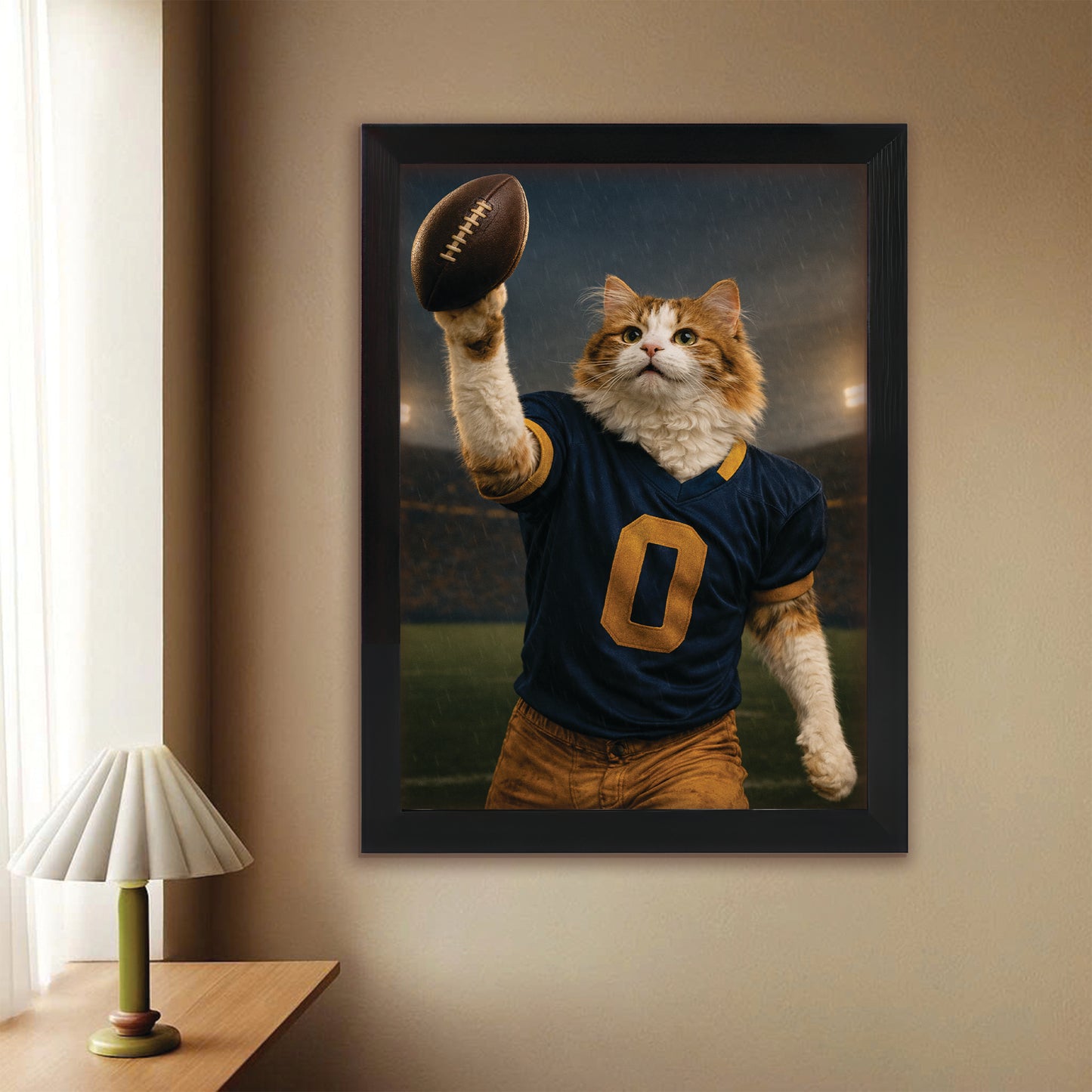 Custom Photo Football Player Canvas Framed Wall Art  Gift For Cat Lovers