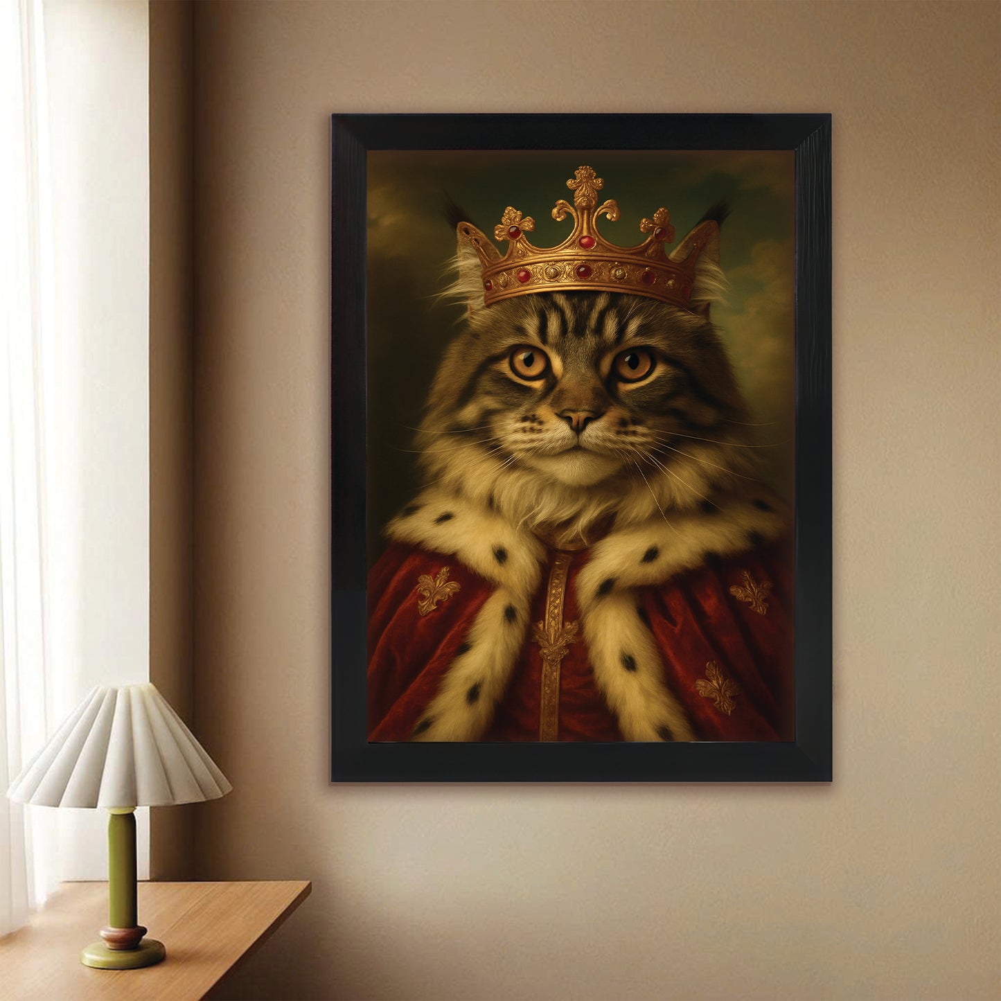 Custom Photo Cat Royal Canvas Framed Wall Art Pet King Portrait
