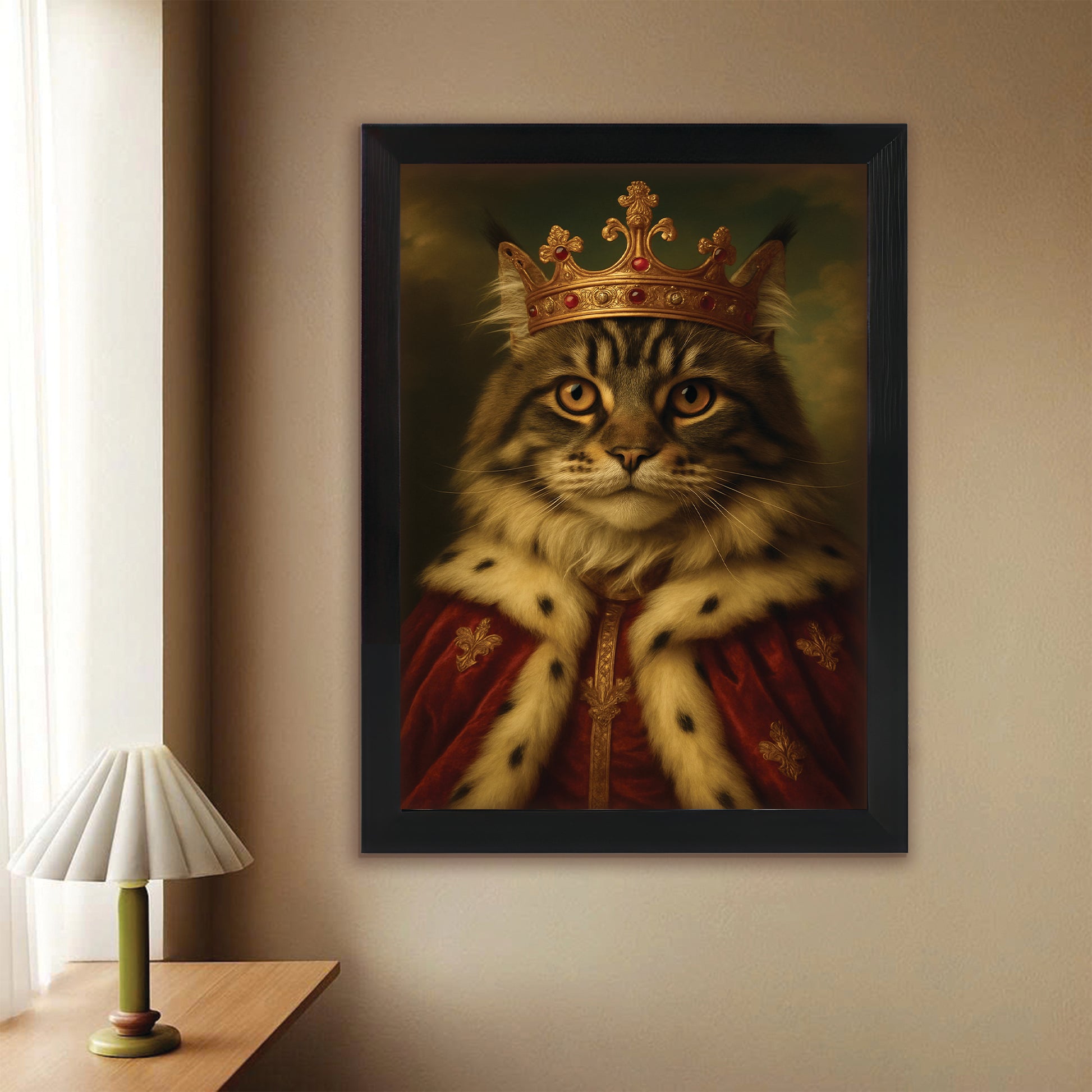 Custom Photo Cat Royal Canvas Framed Wall Art Pet King Portrait