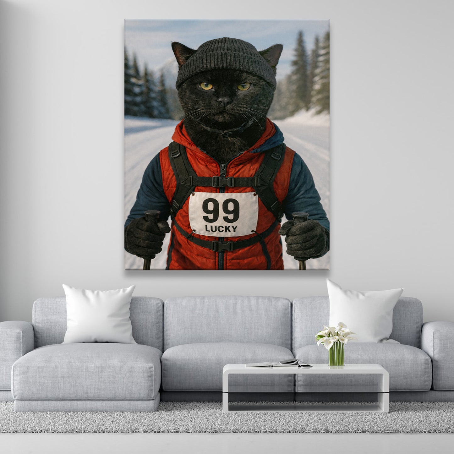 Custom Photo Cross Country Ski Cat Canvas Gift For Cat Lovers