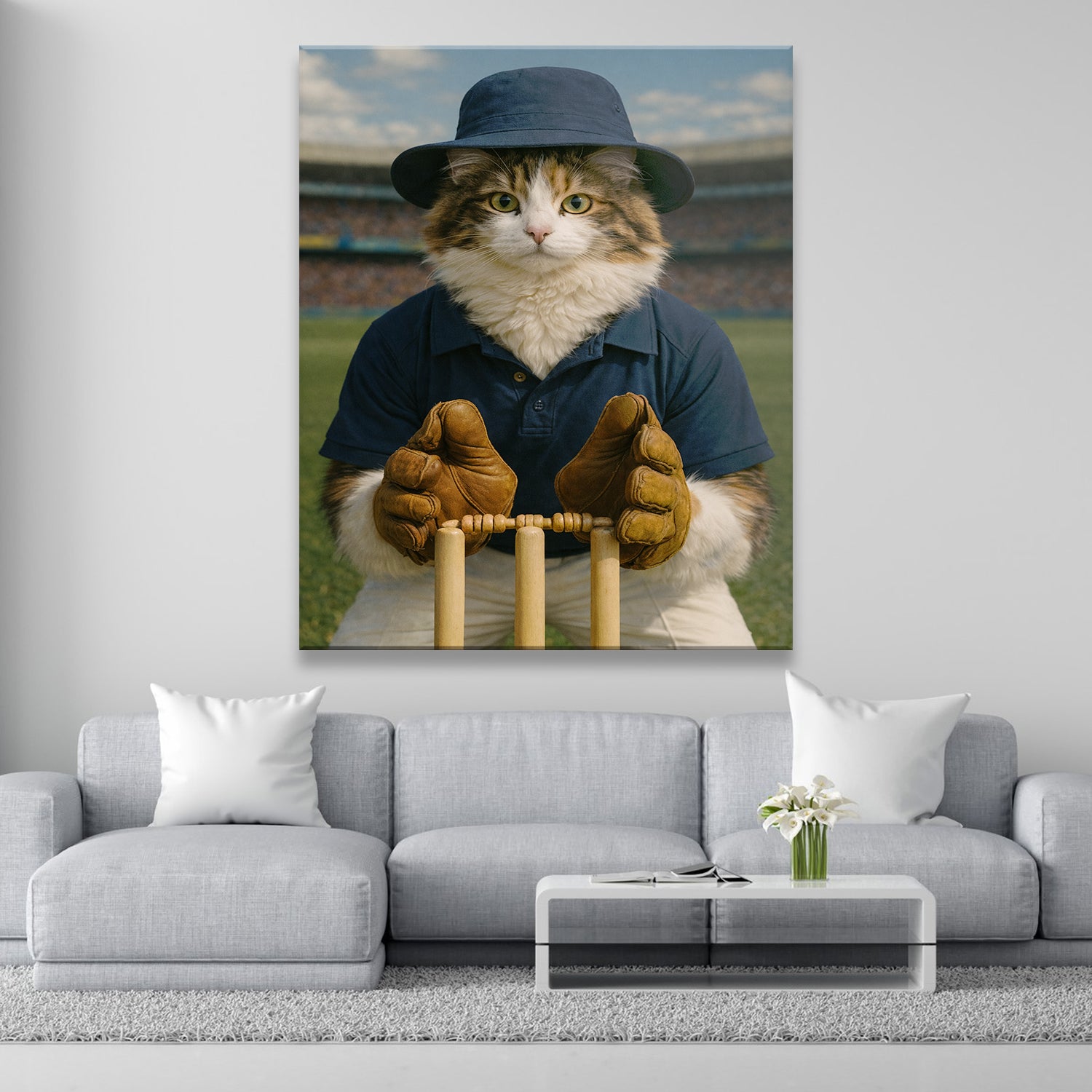Custom Photo Cricket Player Cat Canvas Gift For Cat Lovers