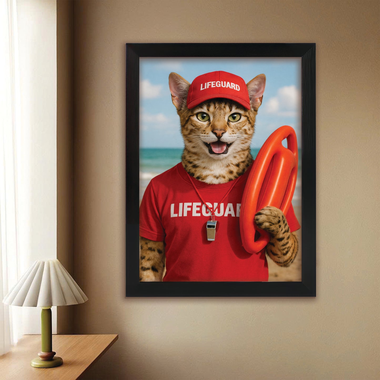 Custom Photo Lifeguard Cat Canvas Framed Wall Art Gift For Cat Lovers