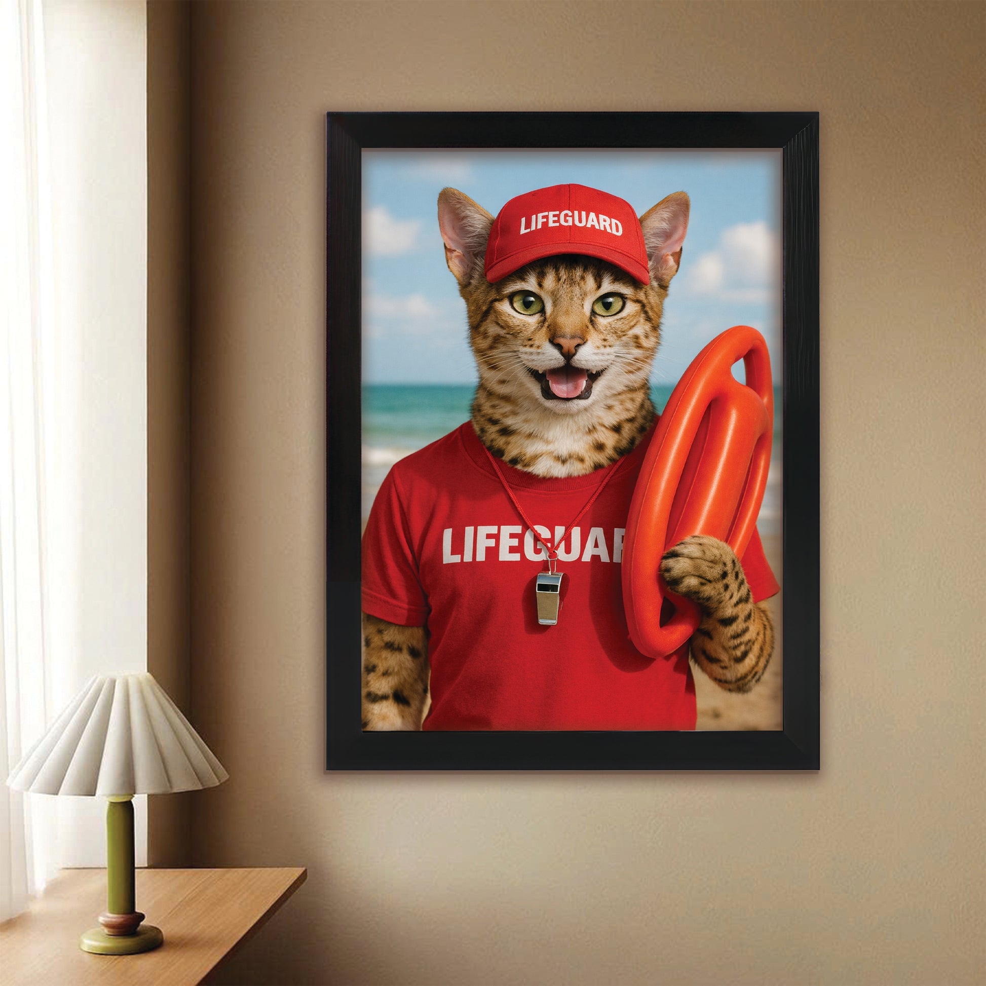 Custom Photo Lifeguard Cat Canvas Framed Wall Art Gift For Cat Lovers