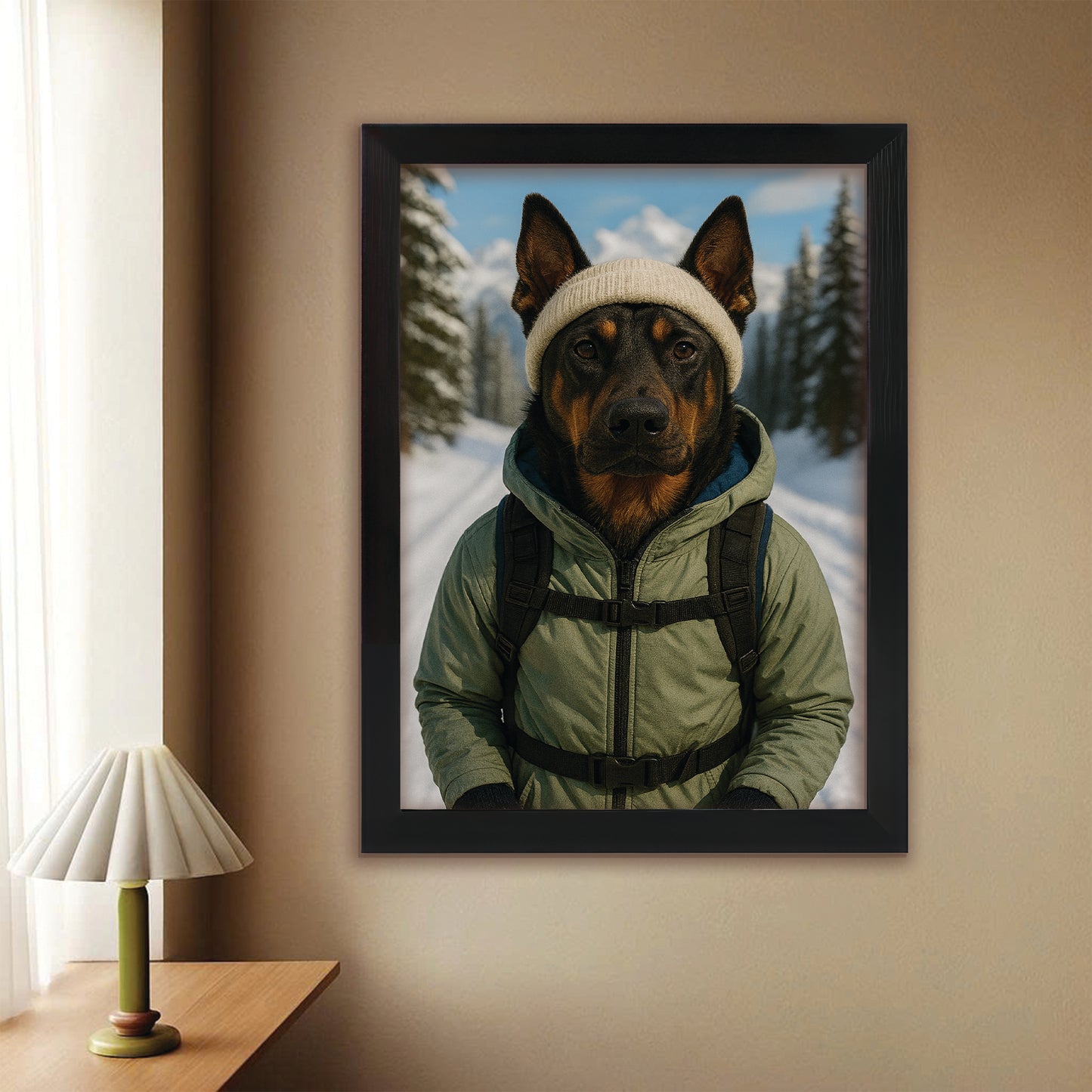 Custom Photo Winter Hiker Dog Canvas Framed Wall Art Gift For Dog Lovers