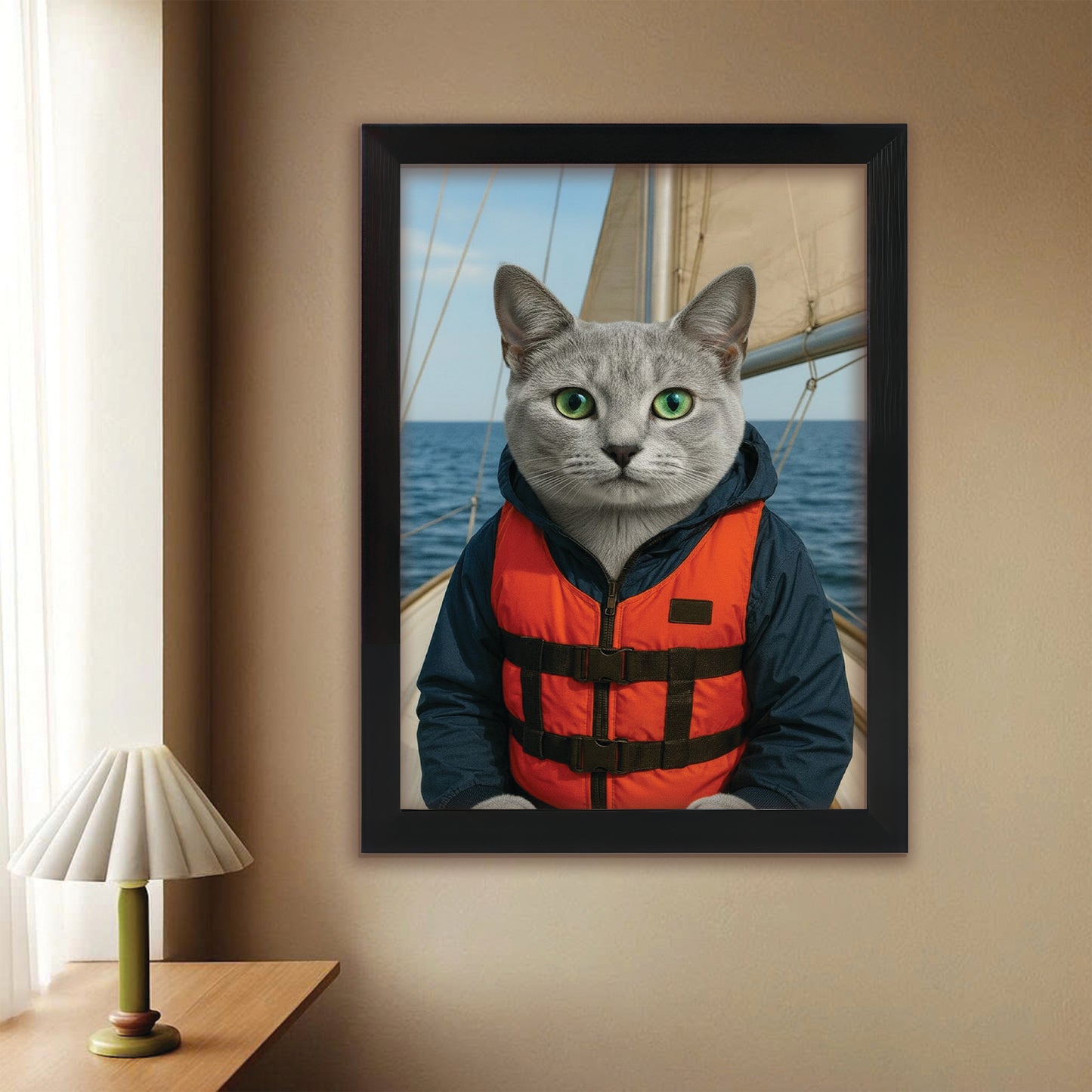 Custom Photo Sailor Cat Canvas Framed Wall Art Gift For Cat Lovers