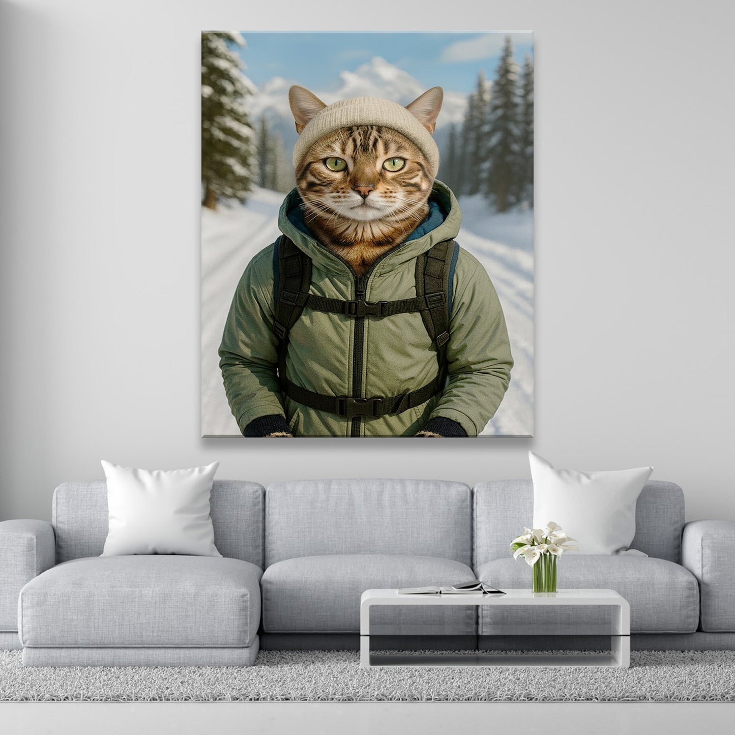 Custom Photo Winter Hiker Cat Canvas Gift For Cat Lovers