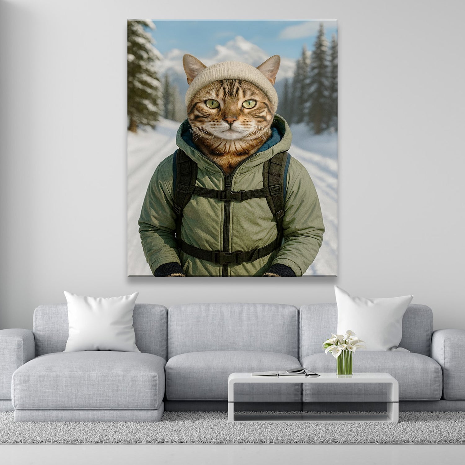 Custom Photo Winter Hiker Cat Canvas Gift For Cat Lovers