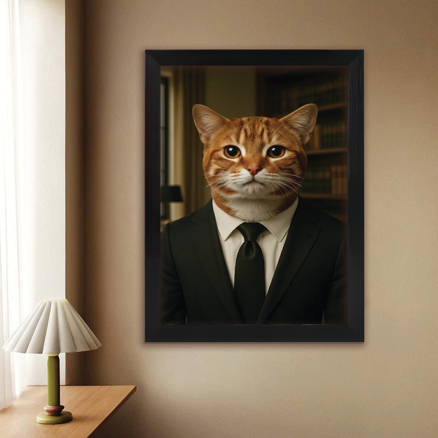 Custom Photo Business man Ceo Cat Canvas Framed Wall Art Gift For Cat Lovers