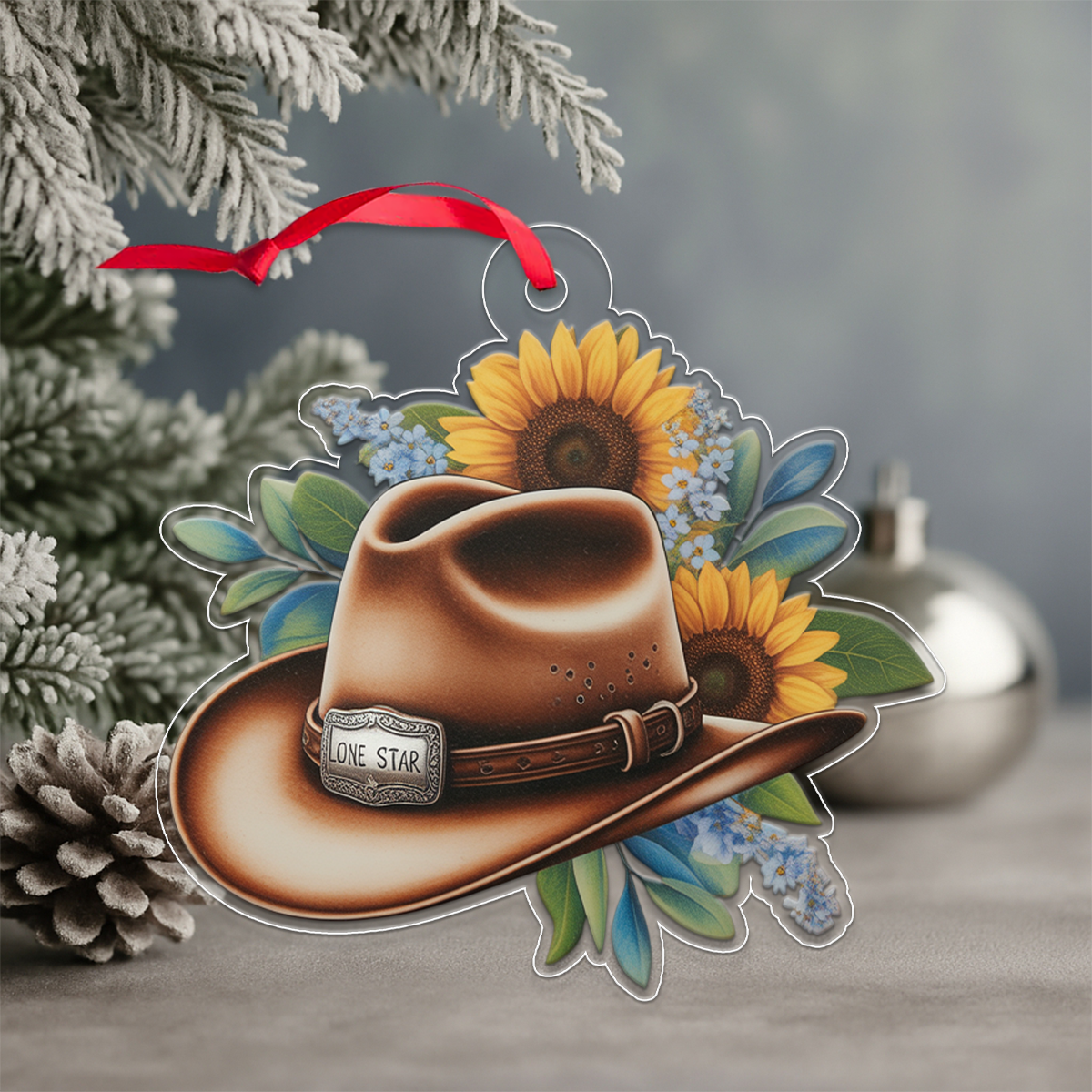 Custom Name Rustic Sunflower Cowboy Hat Acrylic Ornament Christmas Gift