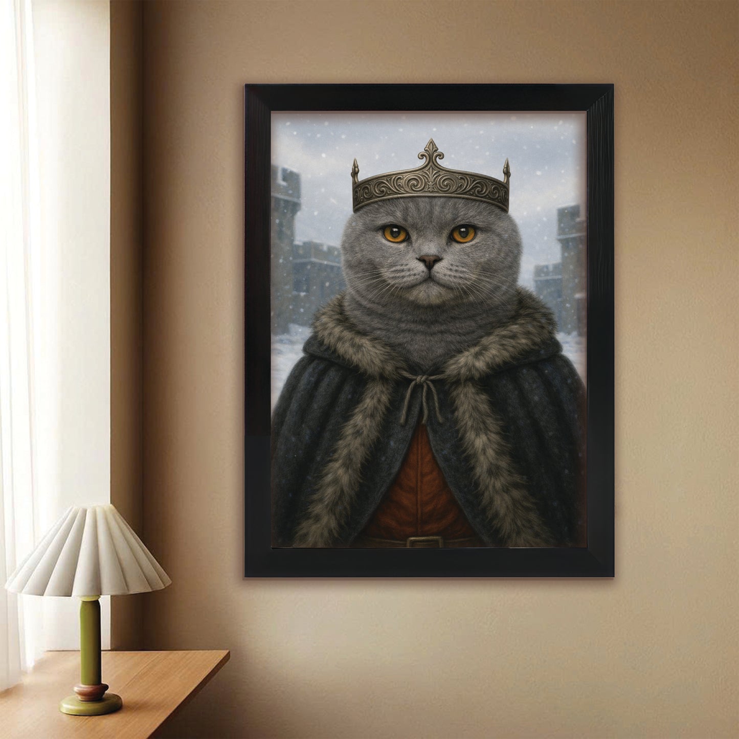 Custom Photo Winter King Royal Cat Canvas Framed Wall Art Gift For Cat Lovers