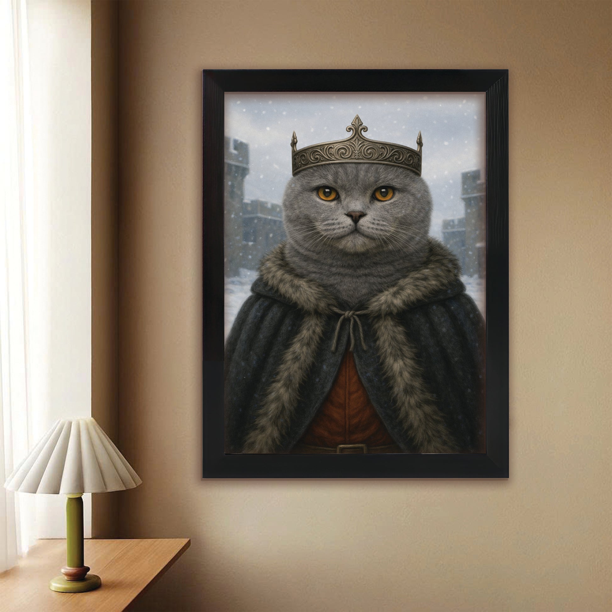 Custom Photo Winter King Royal Cat Canvas Framed Wall Art Gift For Cat Lovers