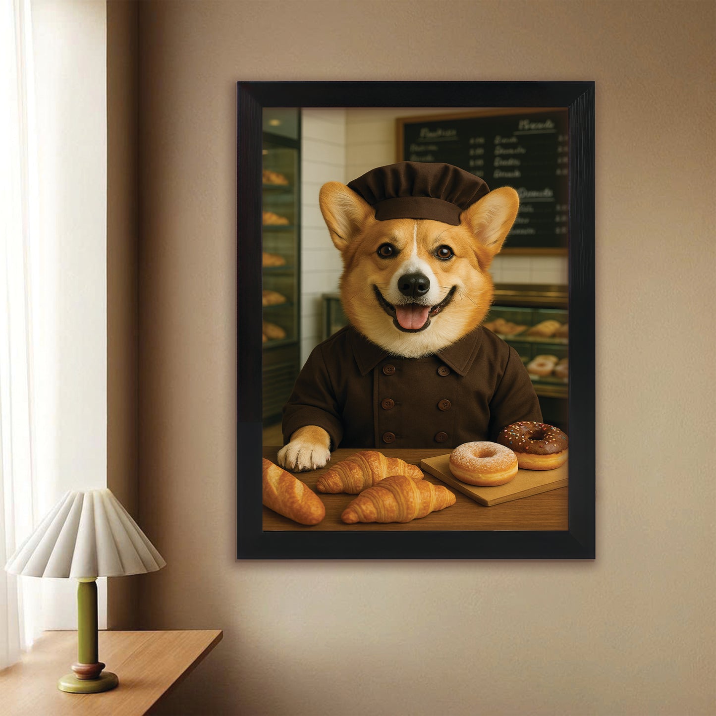 Custom Photo Baker Corgi Dog Canvas Framed Wall Art Gift For Dog Lovers