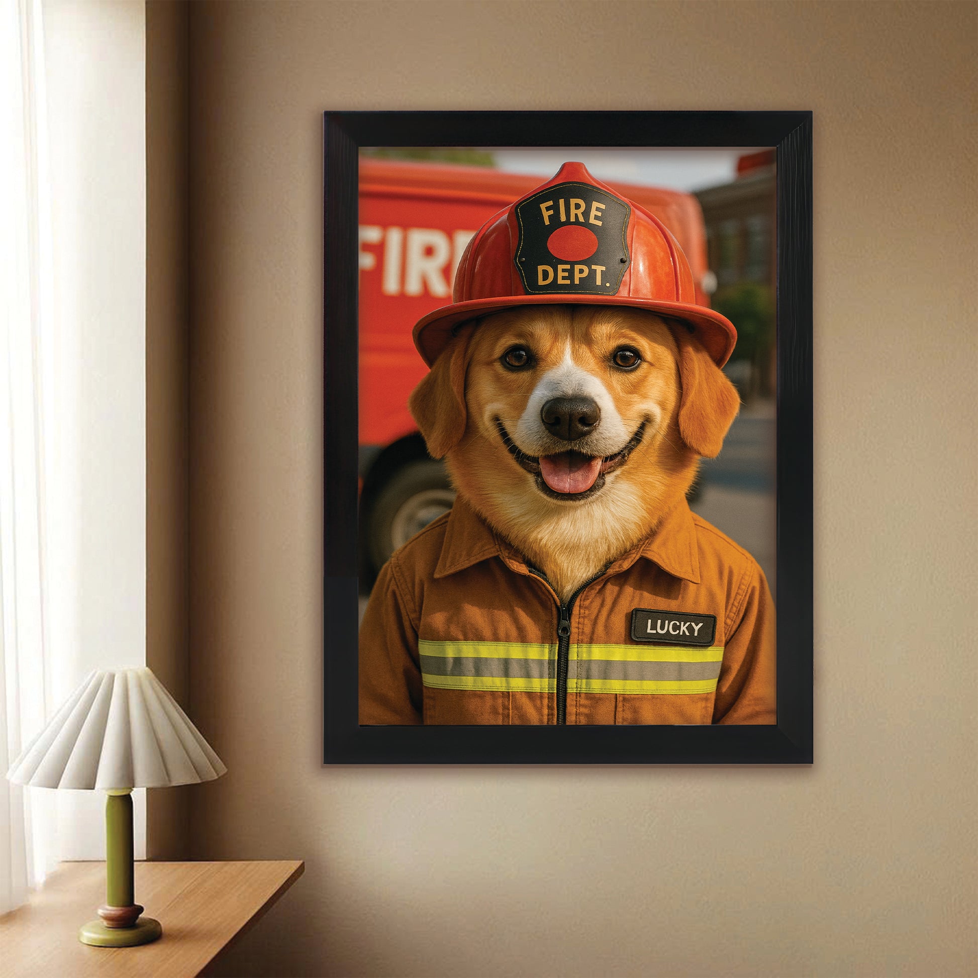 Custom Photo Fire Fighter Dog Canvas Framed Wall Art Gift For Dog Lovers