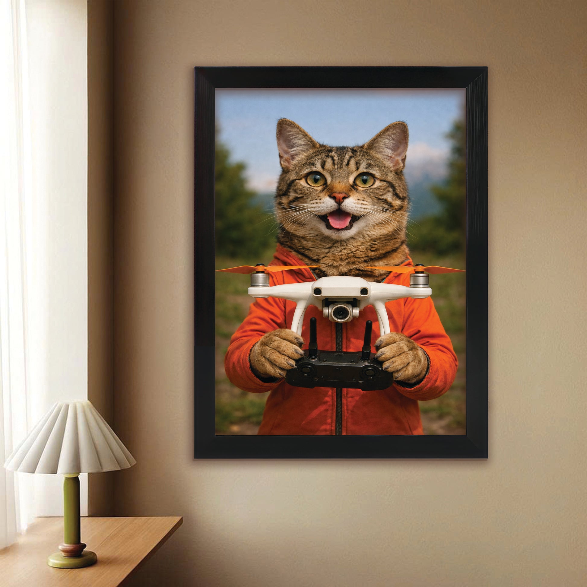 Custom Photo Drone Pilot Cat Canvas Framed Wall Art  Gift For Cat Lovers