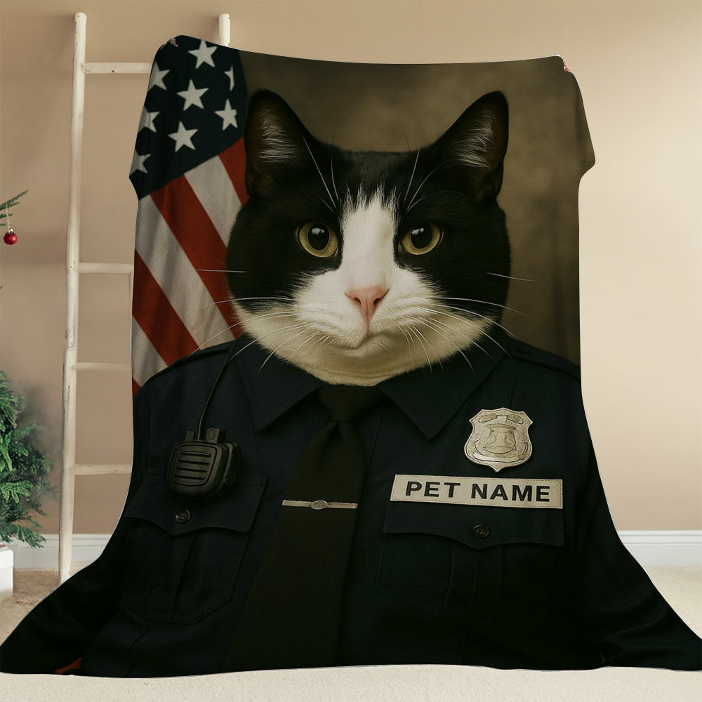Custom Cat Photo Policeman Blanket _ Gift For Cat Lovers
