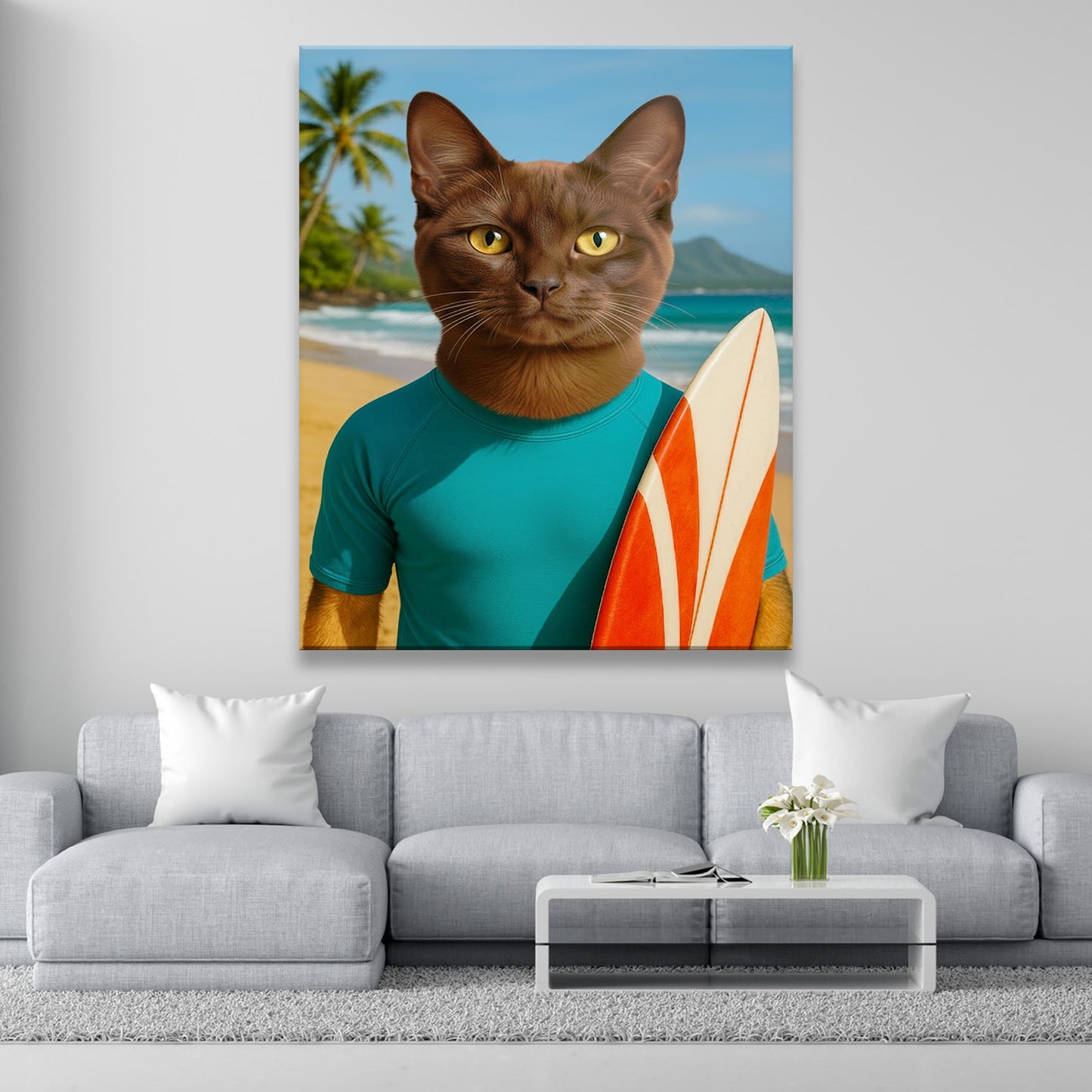 Custom Photo Surfer Beach Cat Canvas Gift For Cat Lovers