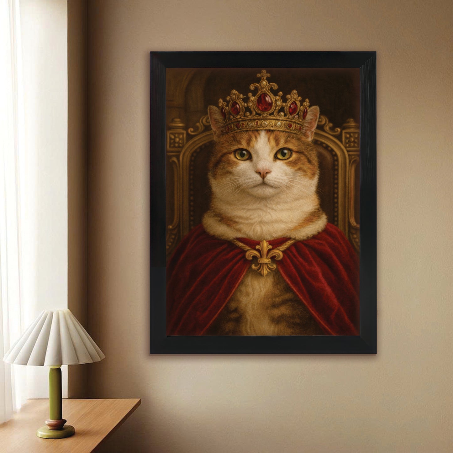 Custom Photo Royal Cat Potrait Canvas Framed Wall Art Gift For Cat Lovers