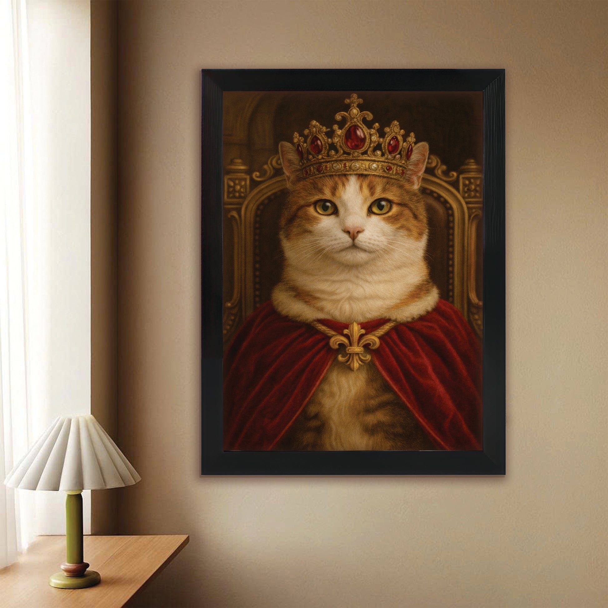 Custom Photo Royal Cat Potrait Canvas Framed Wall Art Gift For Cat Lovers