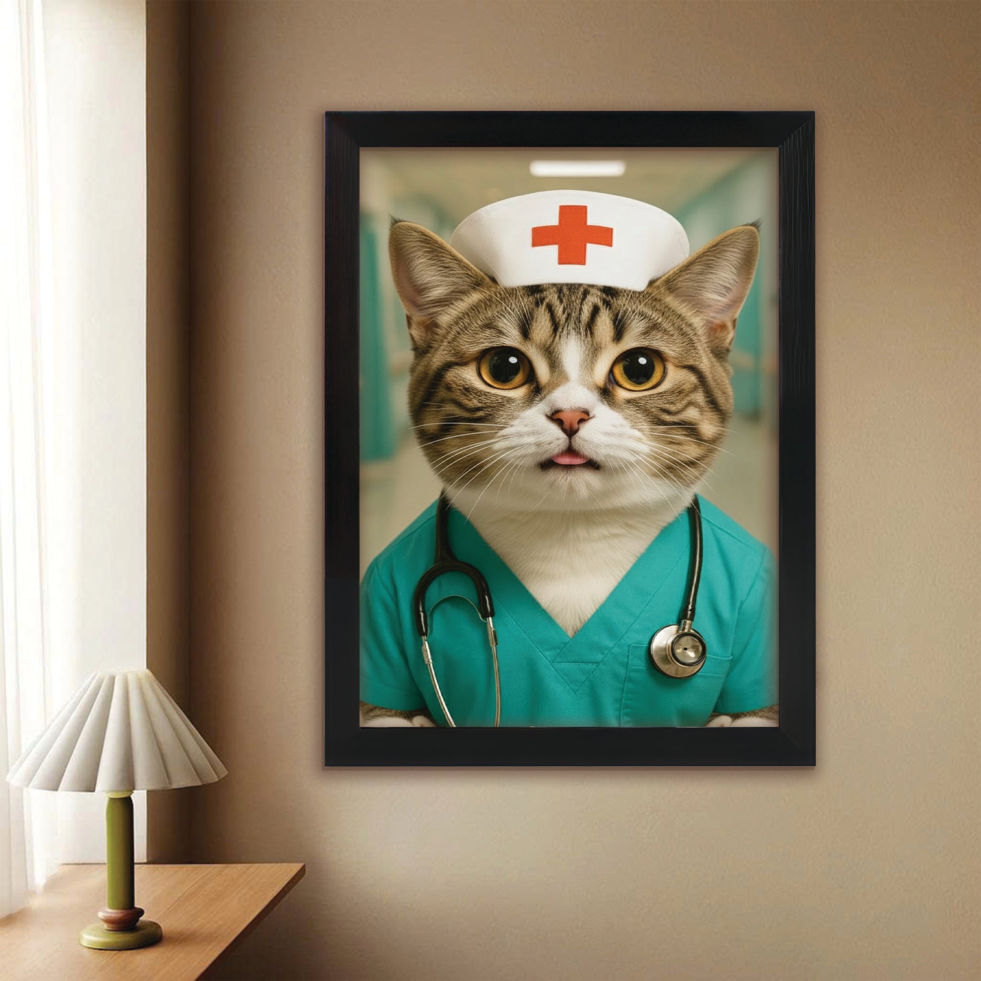 Custom Photo Nurse Cat Canvas Framed Wall Art  Gift For Cat Lovers