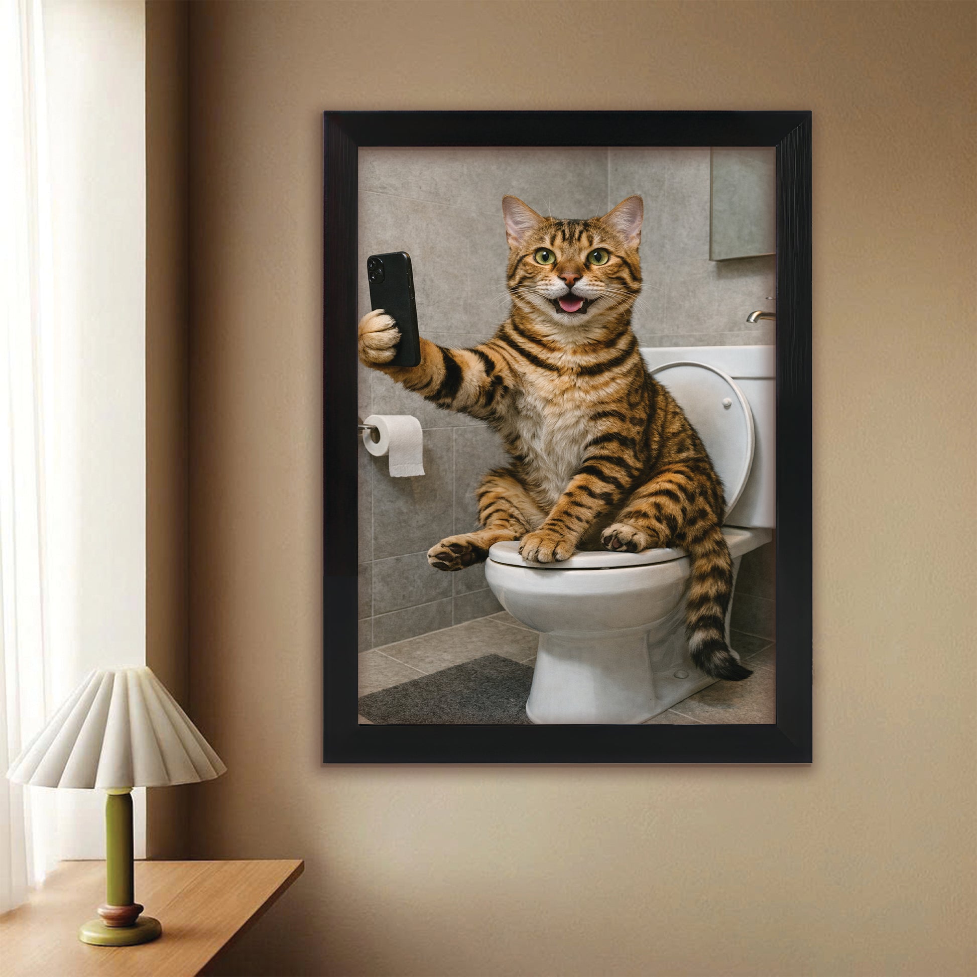 Custom Photo Cat Sefie Bathroom Canvas Framed Wall Art Gift For Cat Lover