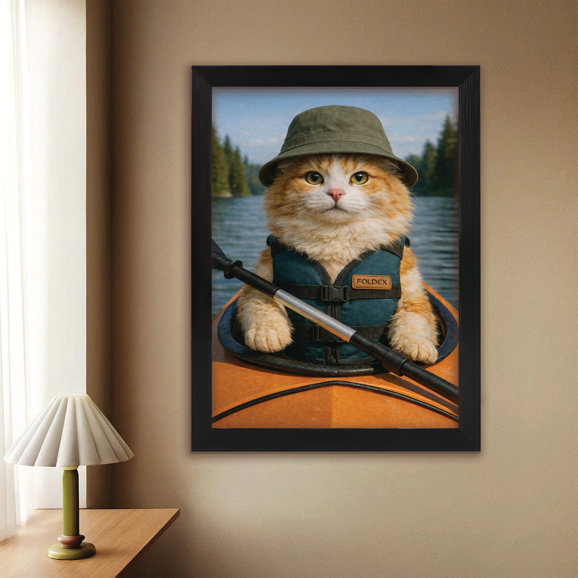Custom Photo Kayak Cat Canvas Framed Wall Art Gift For Cat Lovers
