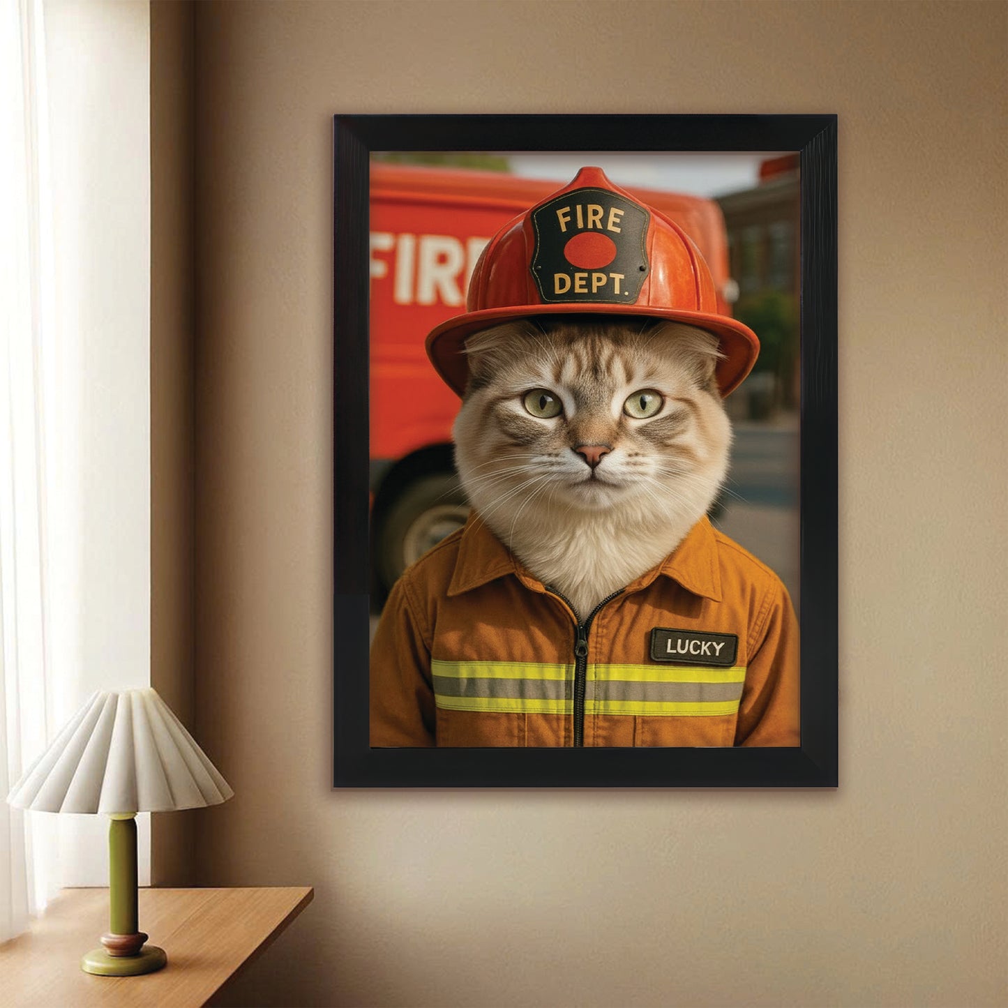 Custom Photo Fire Fighter Cat Canvas Framed Wall Art  Gift For Cat Lovers