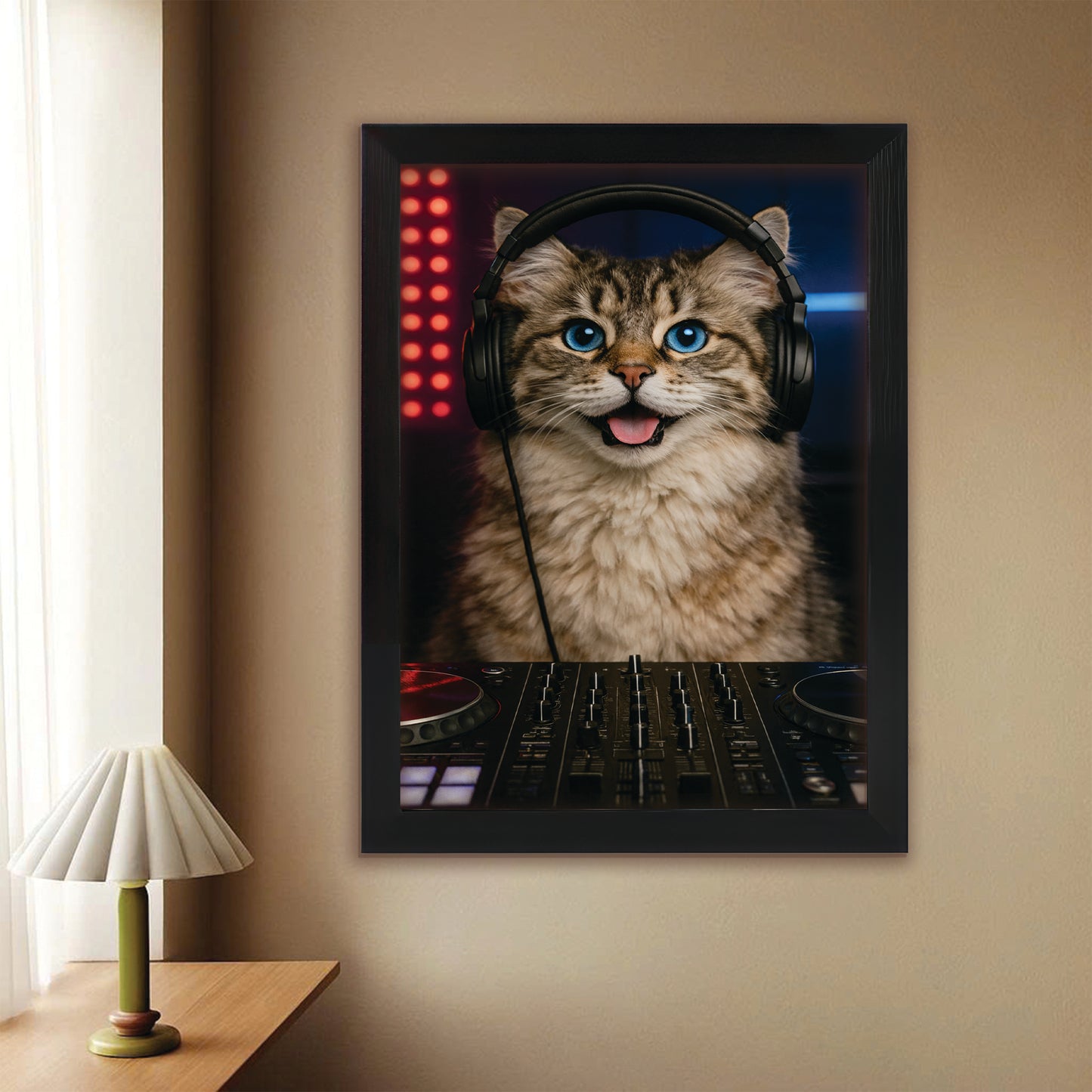 Custom Photo Dj Cat Canvas Framed Wall Art  Gift For Cat Lovers