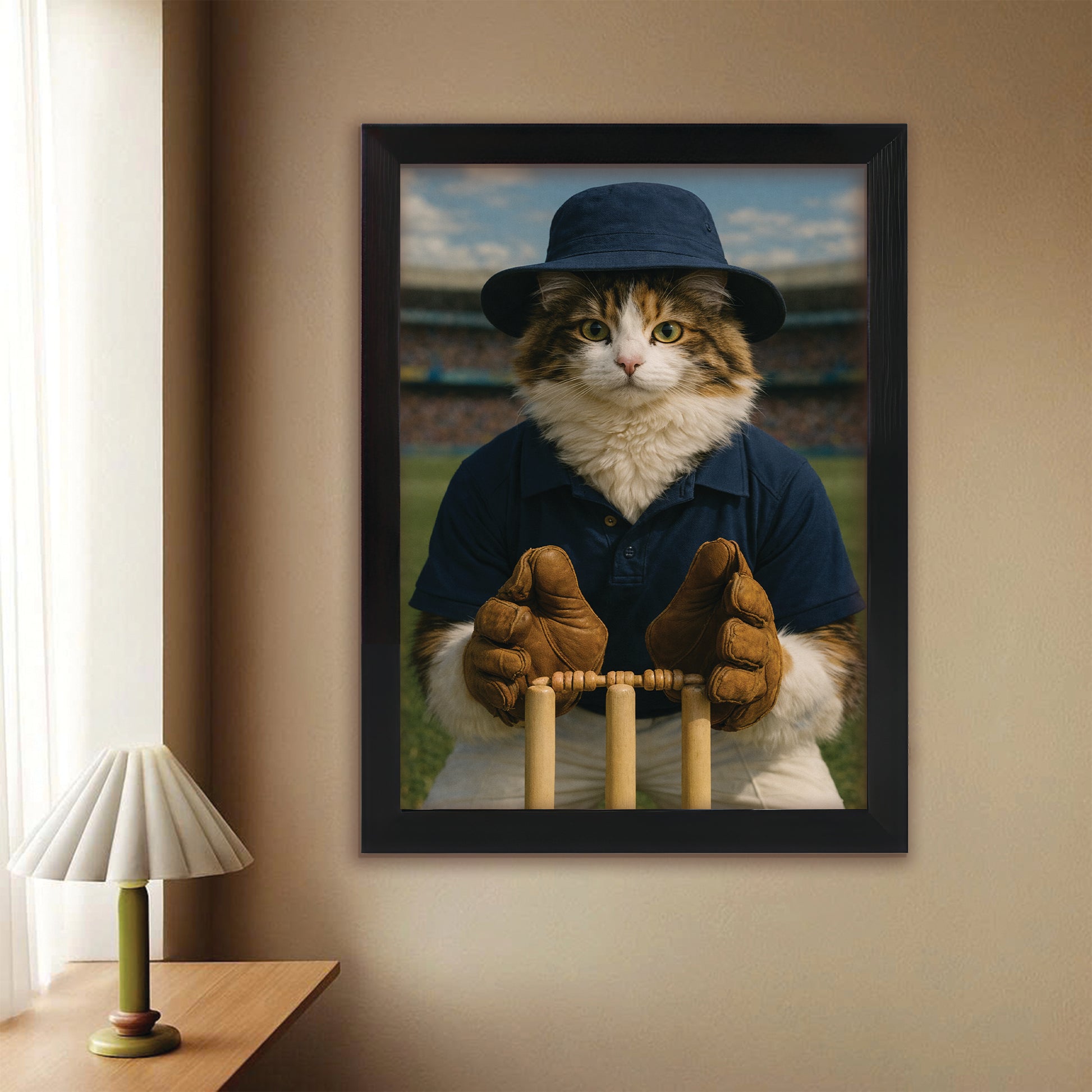 Custom Photo Cricket Player Cat Canvas Framed Wall Art Gift For Cat Lovers