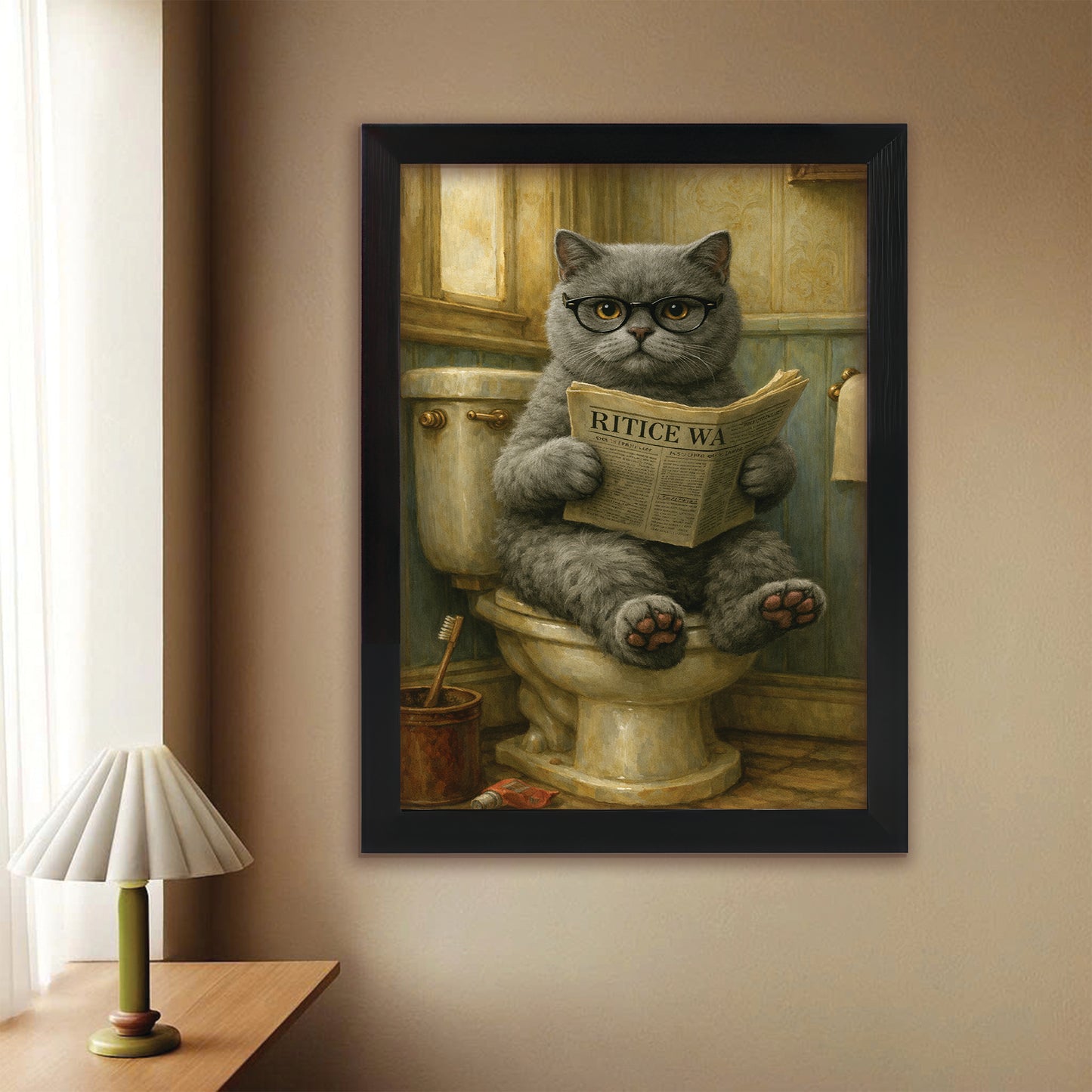 Custom Photo Cat In Bathroom Canvas Framed Wall Art Gift For Cat Lovers