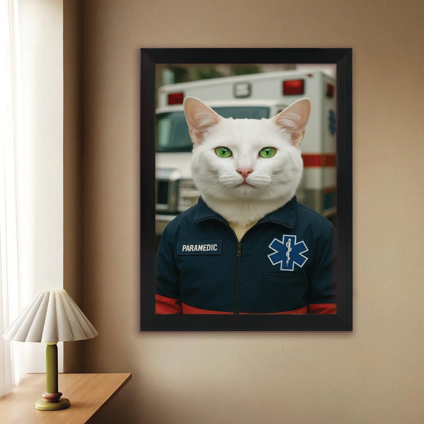Custom Photo Paramedic Emt Cat Canvas Framed Wall Art Gift For Cat Lovers