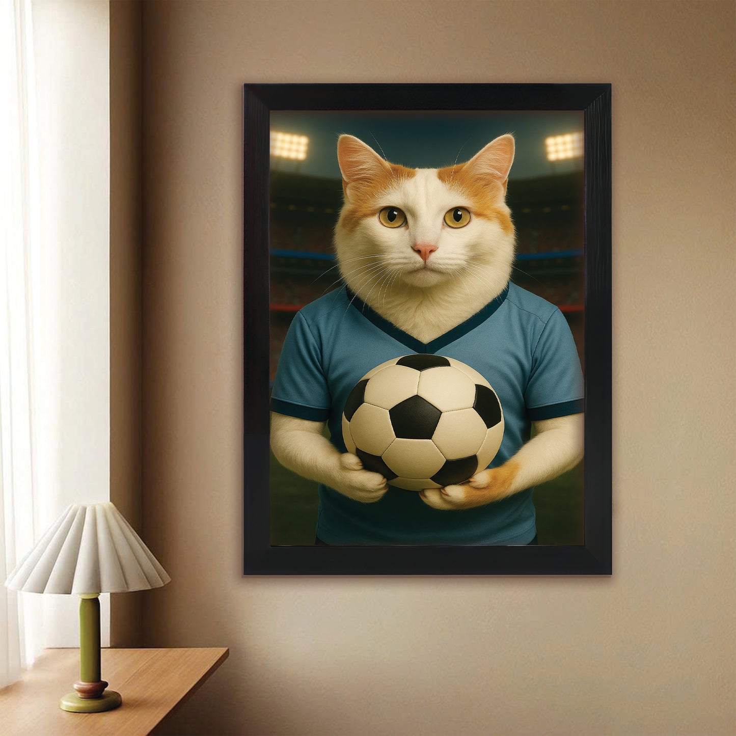 Custom Photo Soccer Cat Canvas Framed Wall Art Gift For Cat Lovers