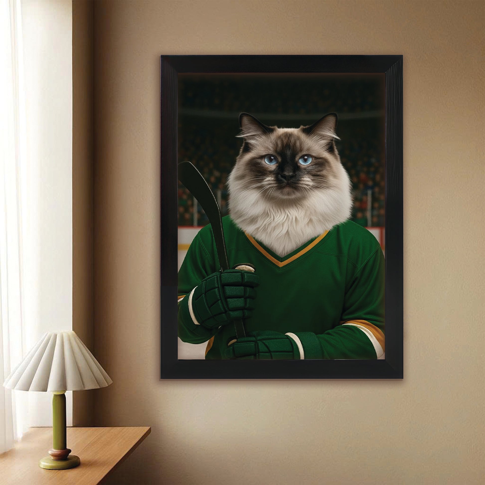 Custom Photo Hockey Player Cat Canvas Framed Wall Art  Gift For Cat Lovers
