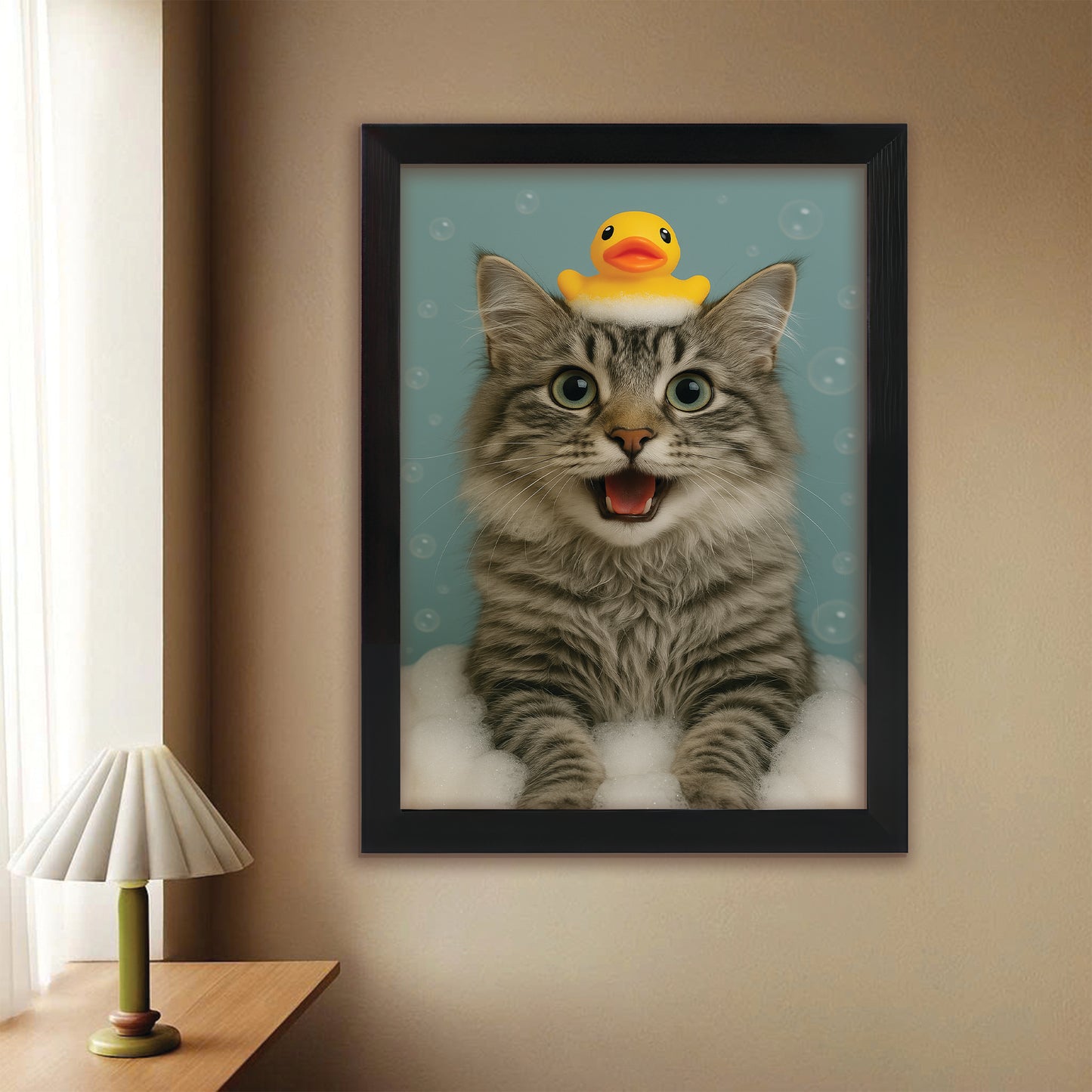 Custom Photo Cat In Bathtub With Duck Toy Canvas Framed Wall Art