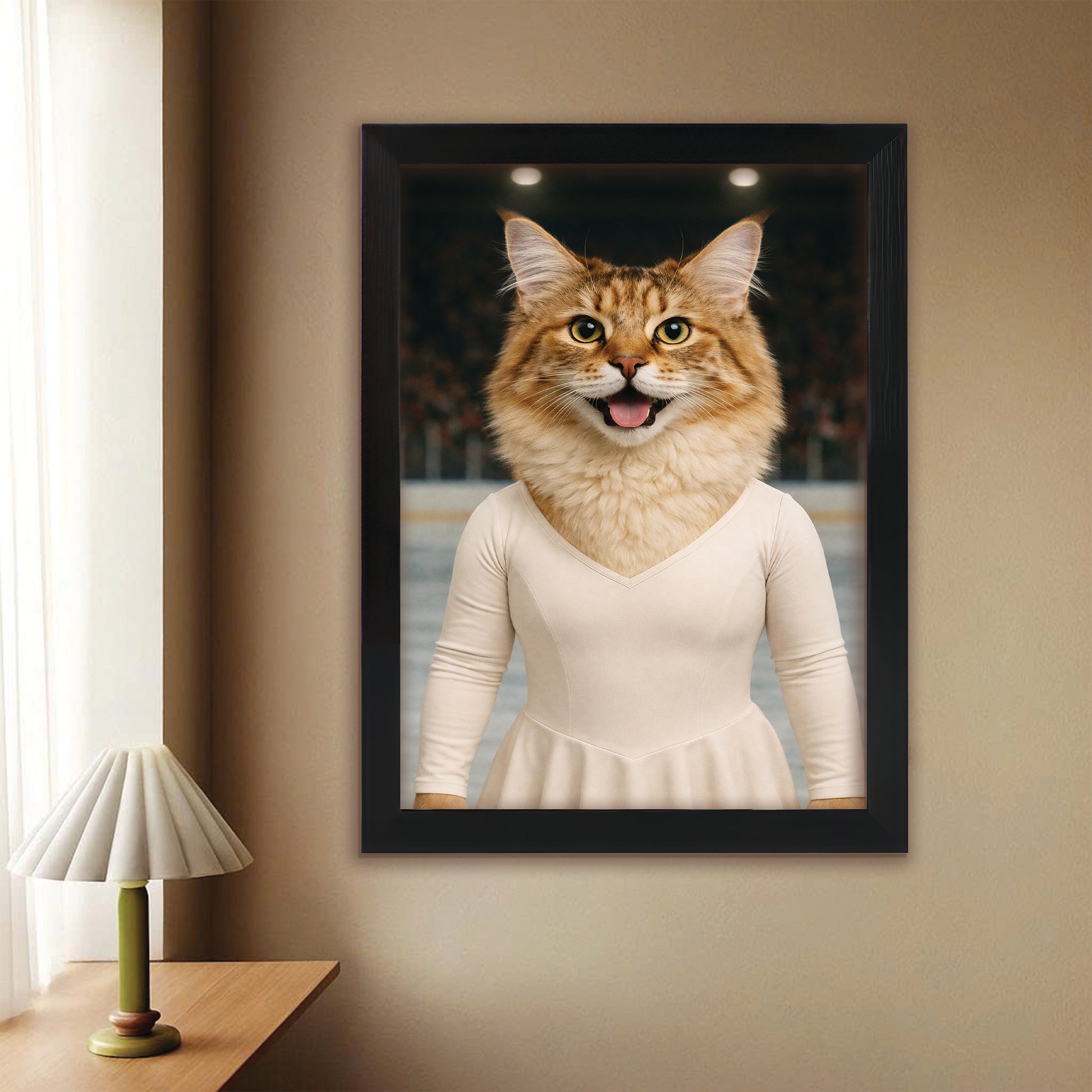 Custom Photo Ice Skater Cat Canvas Framed Wall Art  Gift For Cat Lovers