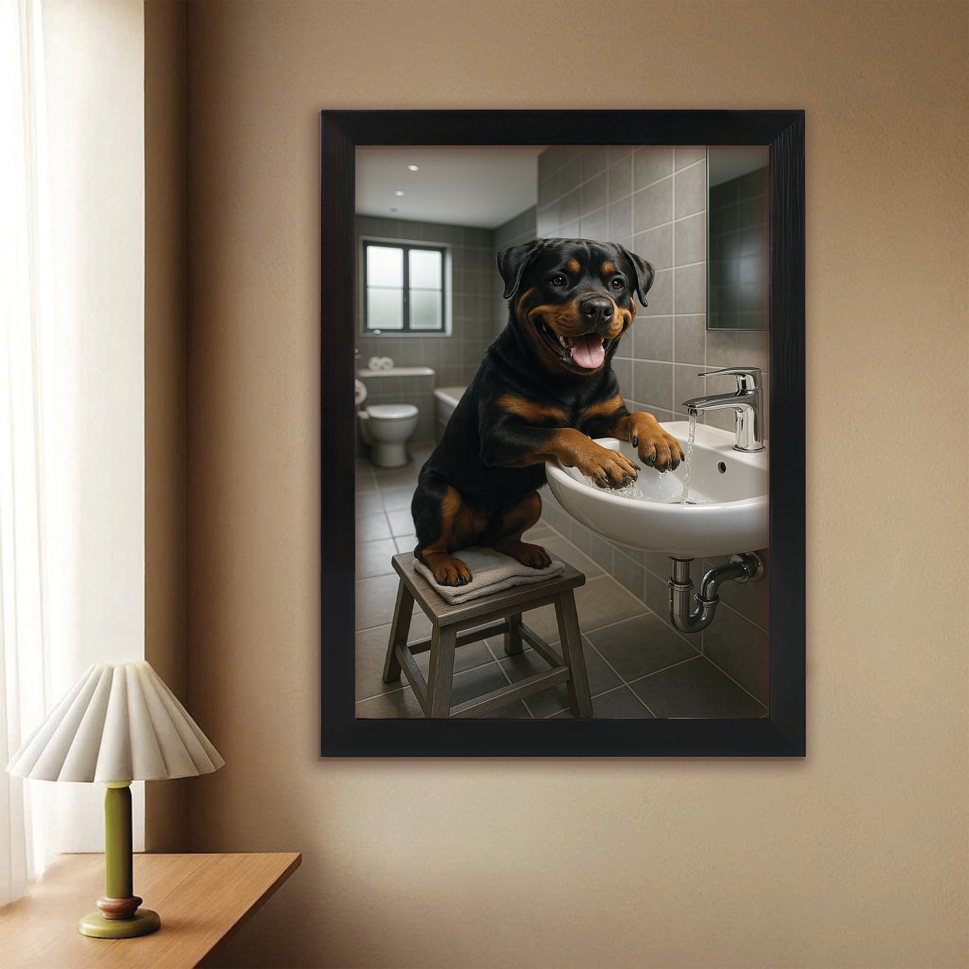 Custom Photo Dog In Bathroom Style 1 Canvas Framed Wall Art Gift For Dog Lovers