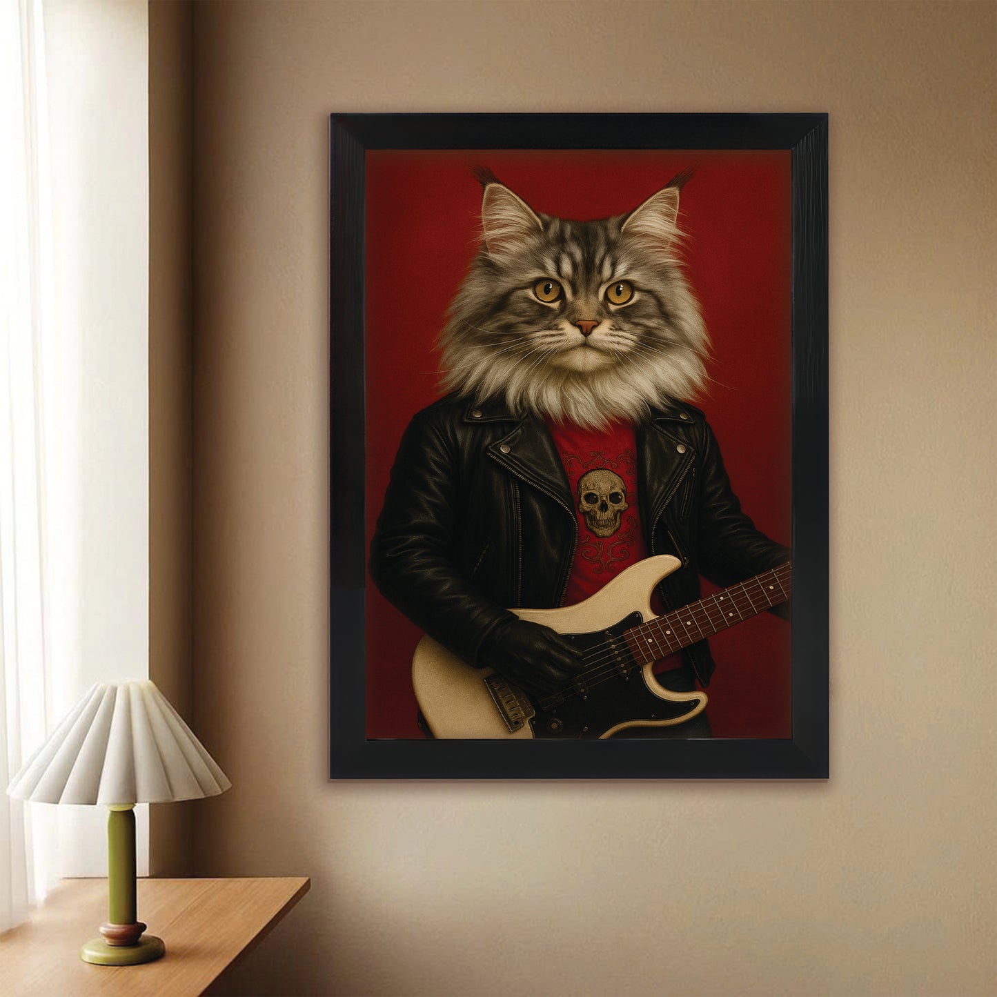 Custom Photo Guitarist Cat Canvas Framed Wall Art Gift For Cat