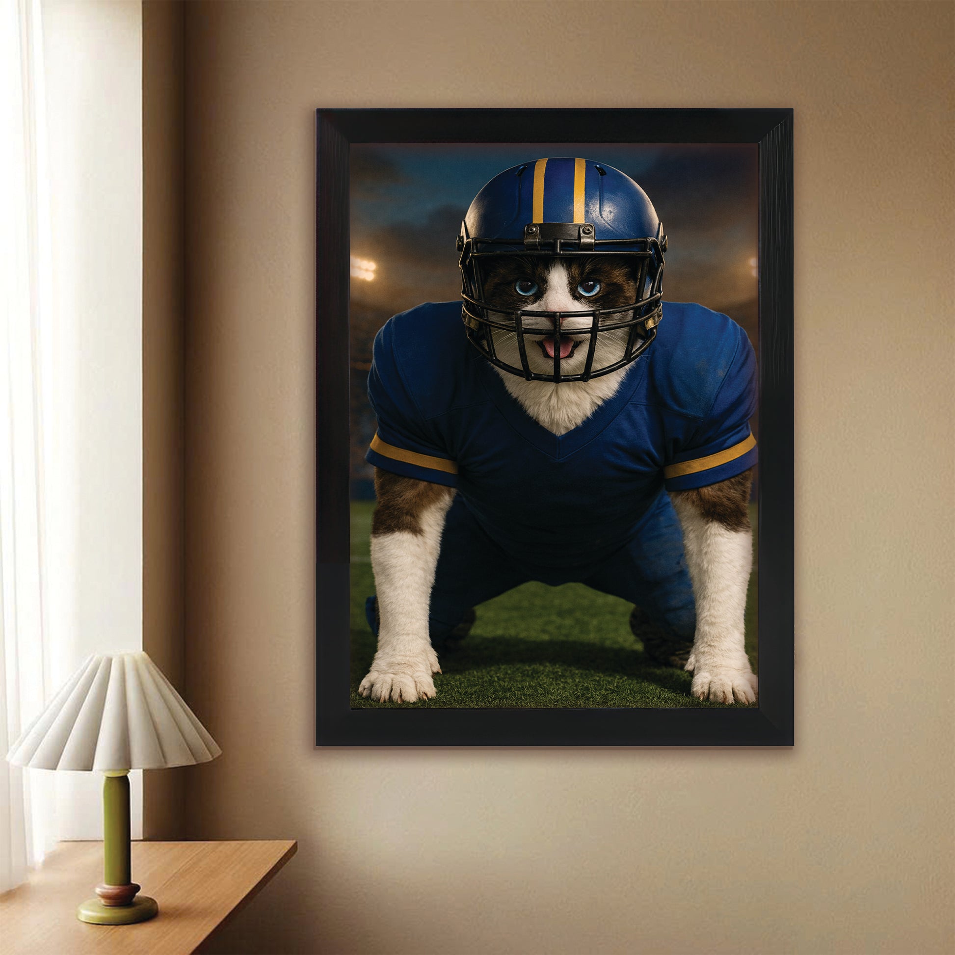 Custom Photo Football Player 2 Cat Canvas Framed Wall Art  Gift For Cat Lovers