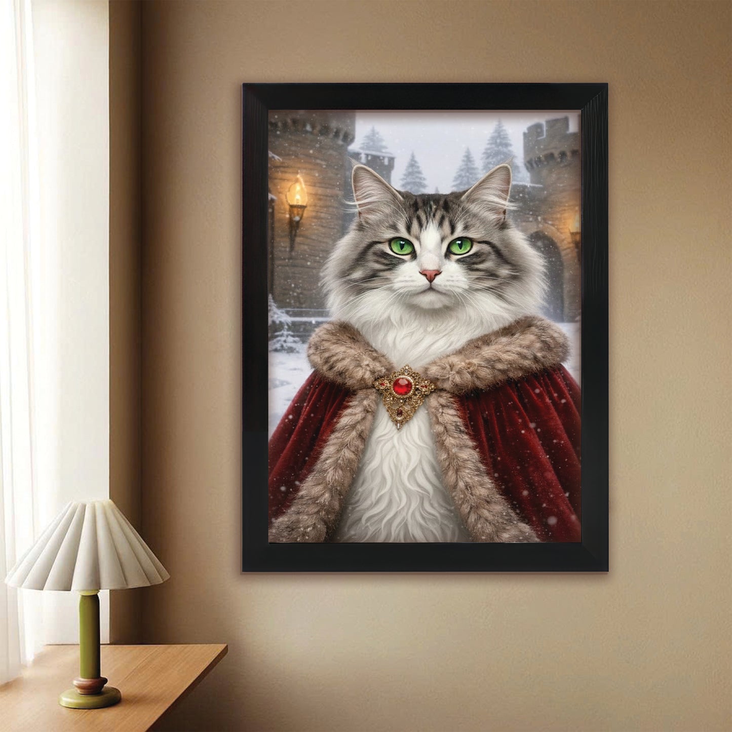 Custom Photo Winter King Royal Canvas Framed Wall Art Gift For Cat Lovers