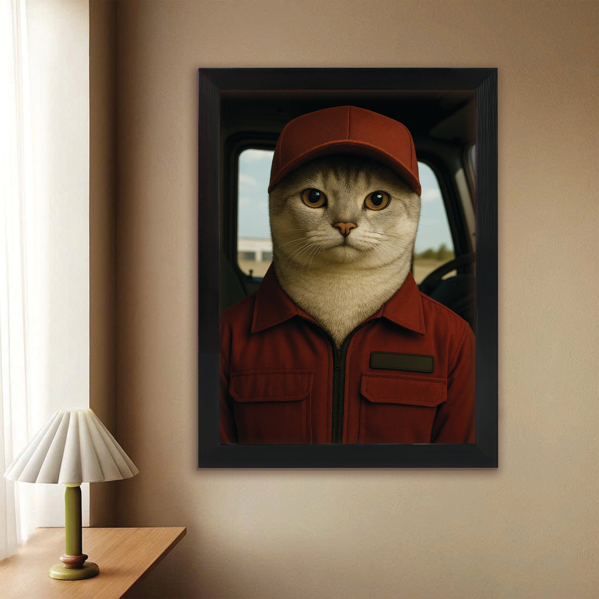 Custom Photo Trucker Driver Cat Canvas Framed Wall Art Gift For Cat Lovers