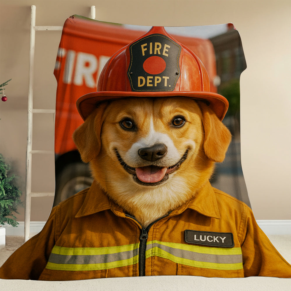 Custom Photo Fire Fighter Dog BlanketGift For Dog Lovers