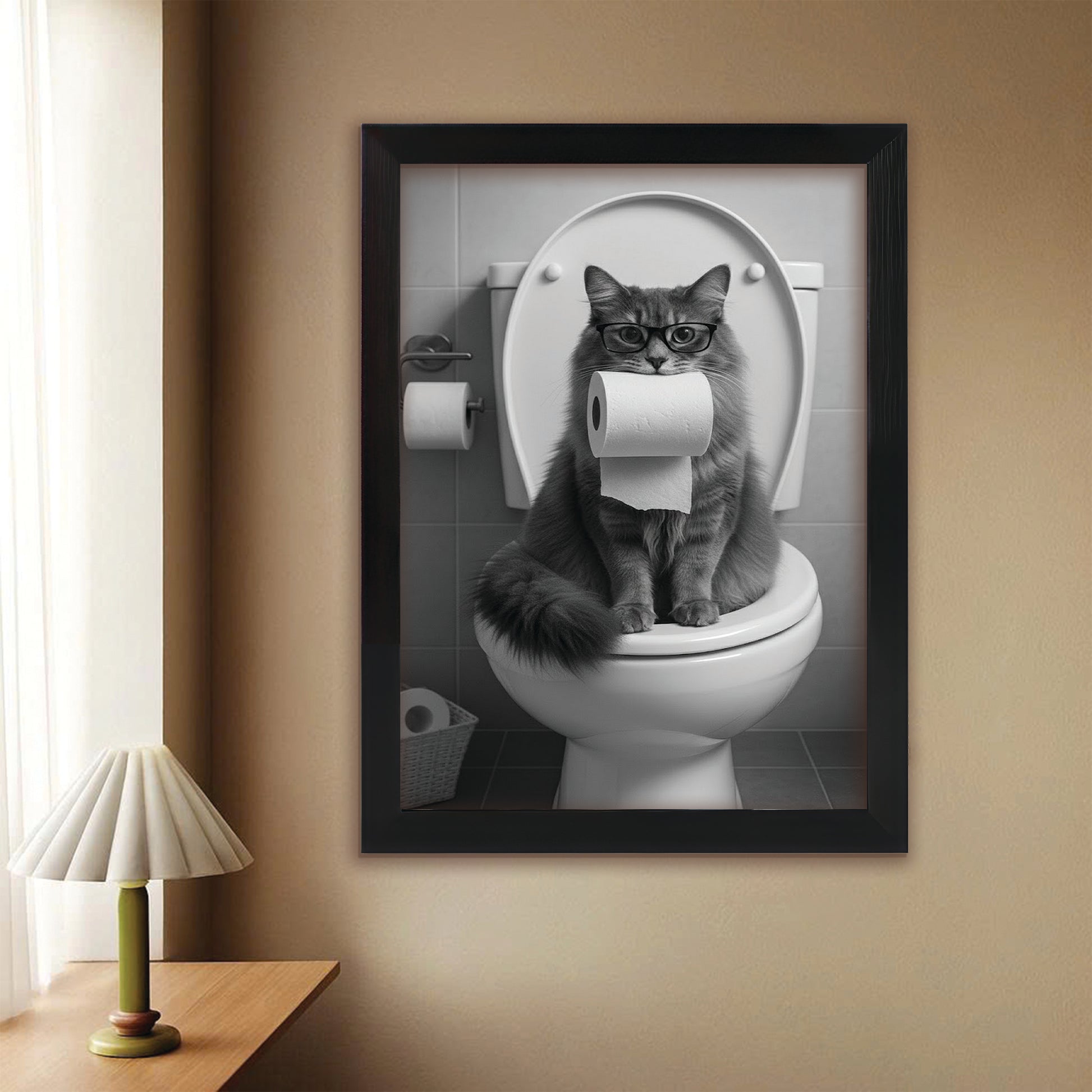 Custom Photo Cat Bathroom Style 5 Canvas Framed Wall Art Gift For Cat Lovers