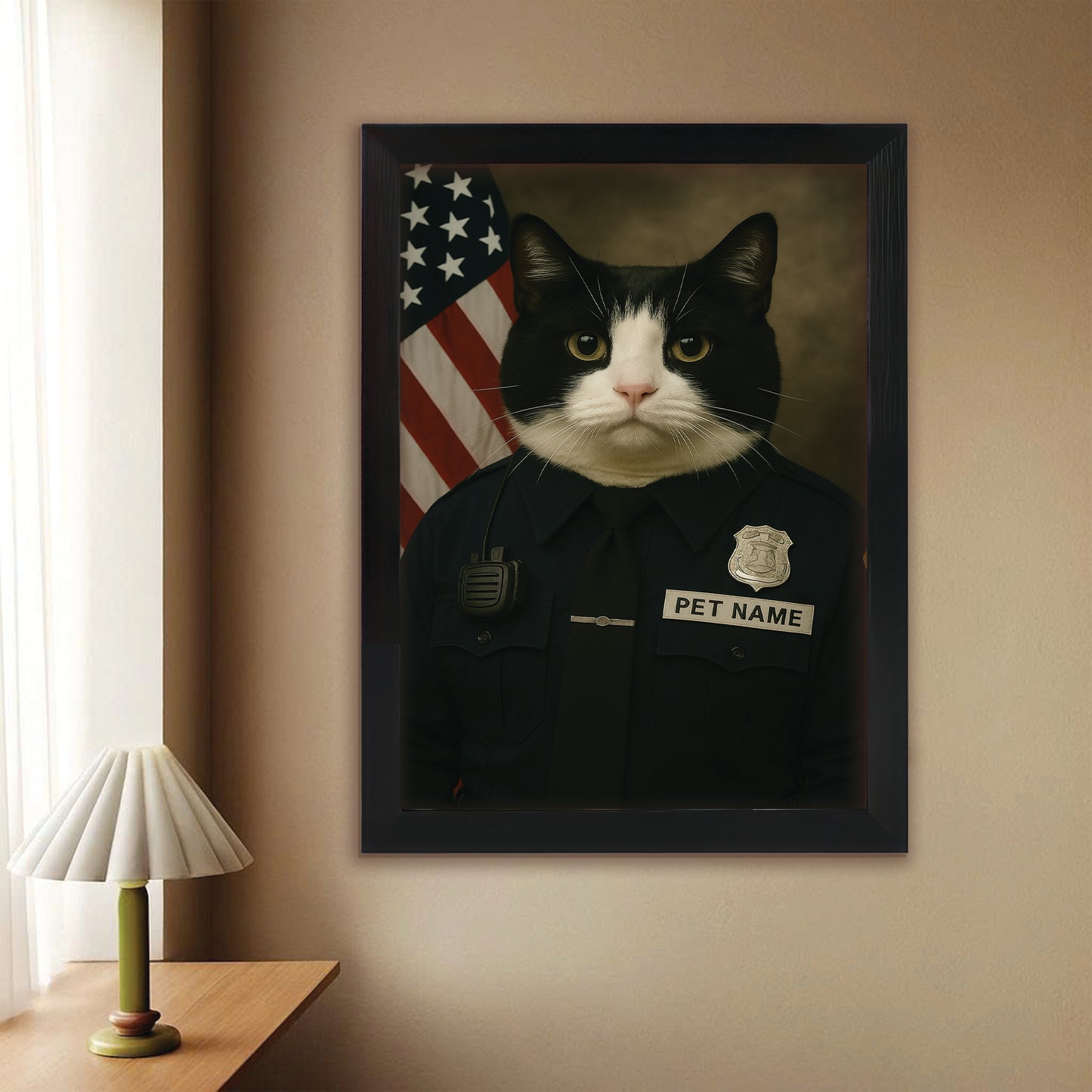 Custom Cat Photo Policeman Canvas Framed Wall Art _ Gift For Cat Lovers