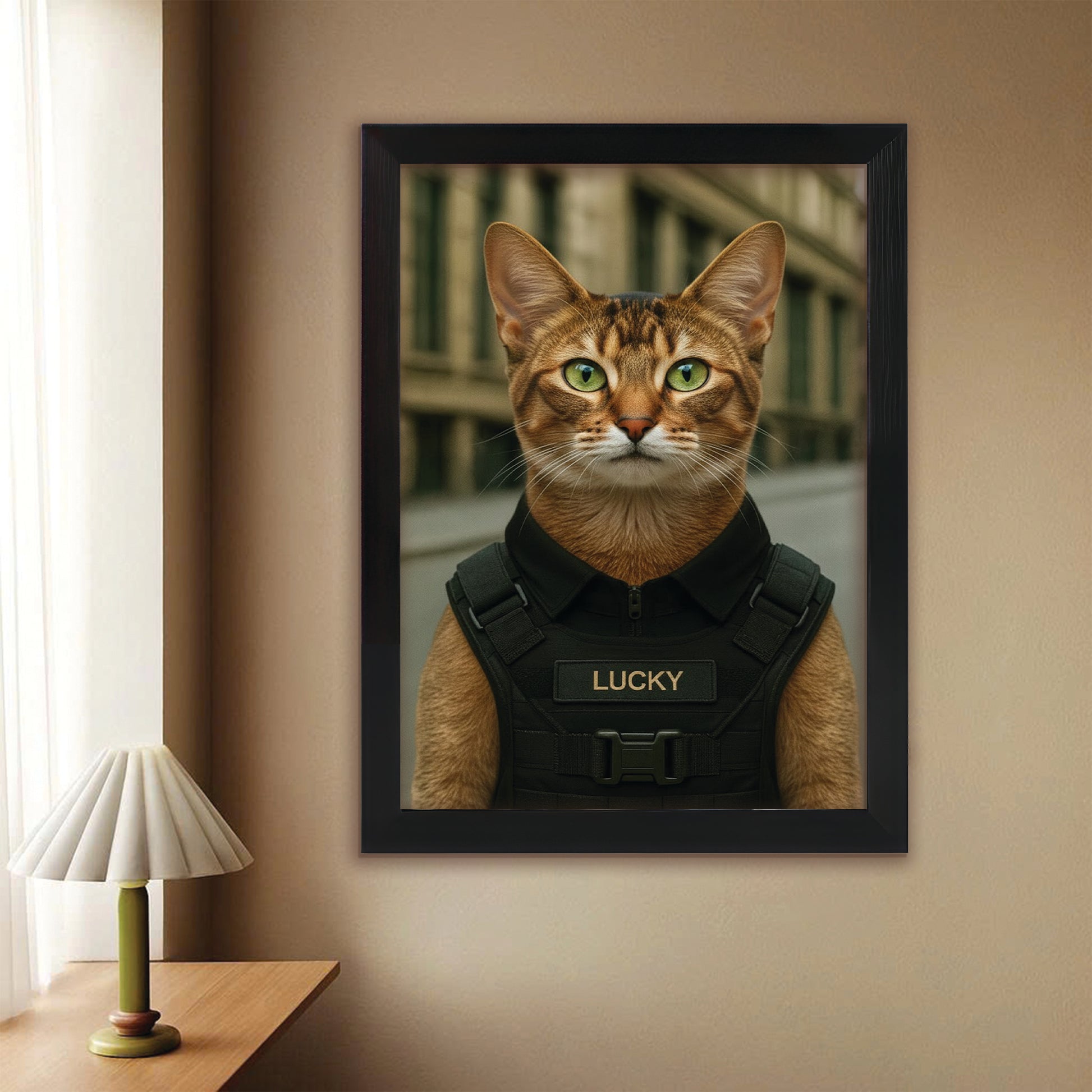 Custom Photo Tactical Cat Canvas Framed Wall Art Gift For Cat Lovers