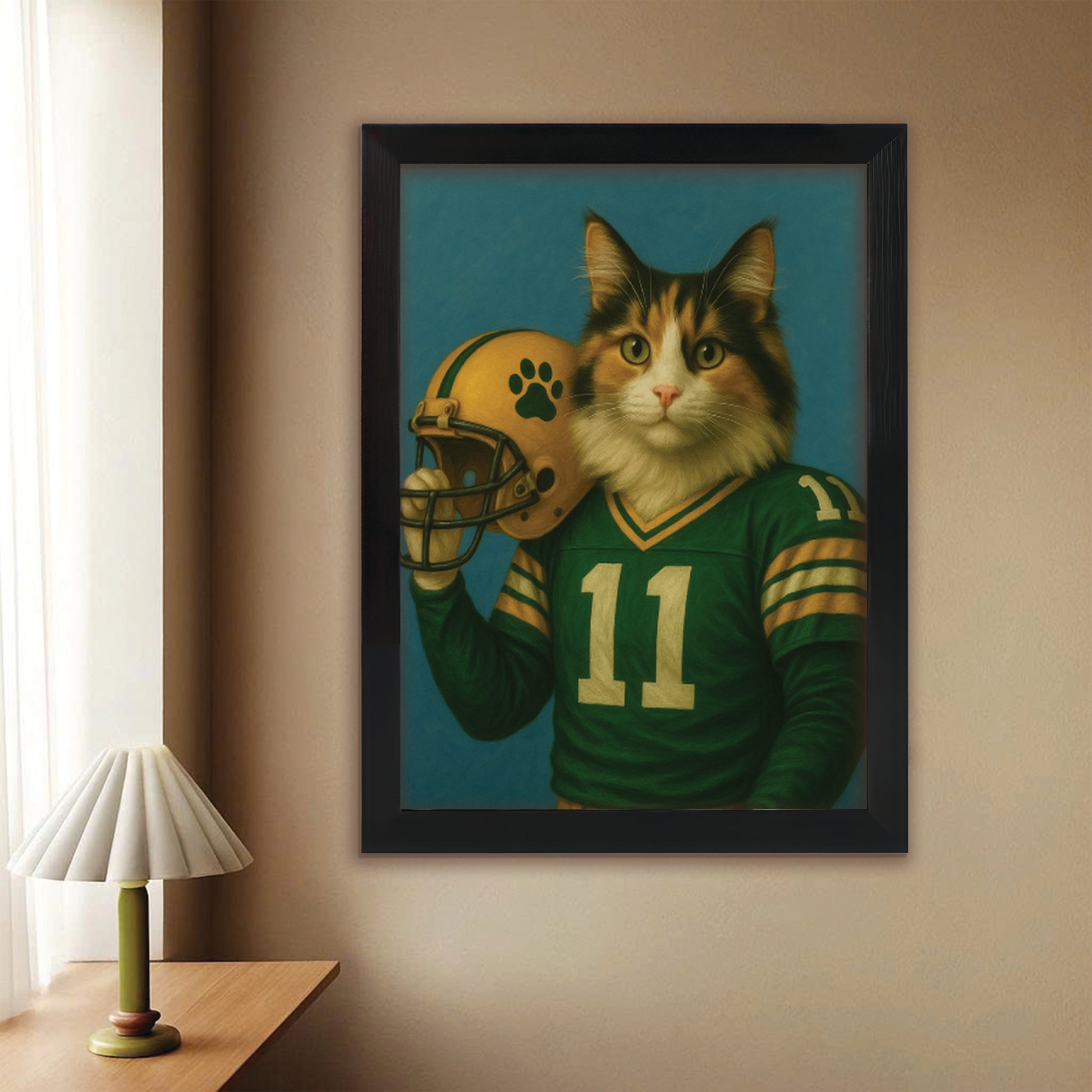 Custom Cat Photo Football Player Canvas Framed Wall Art