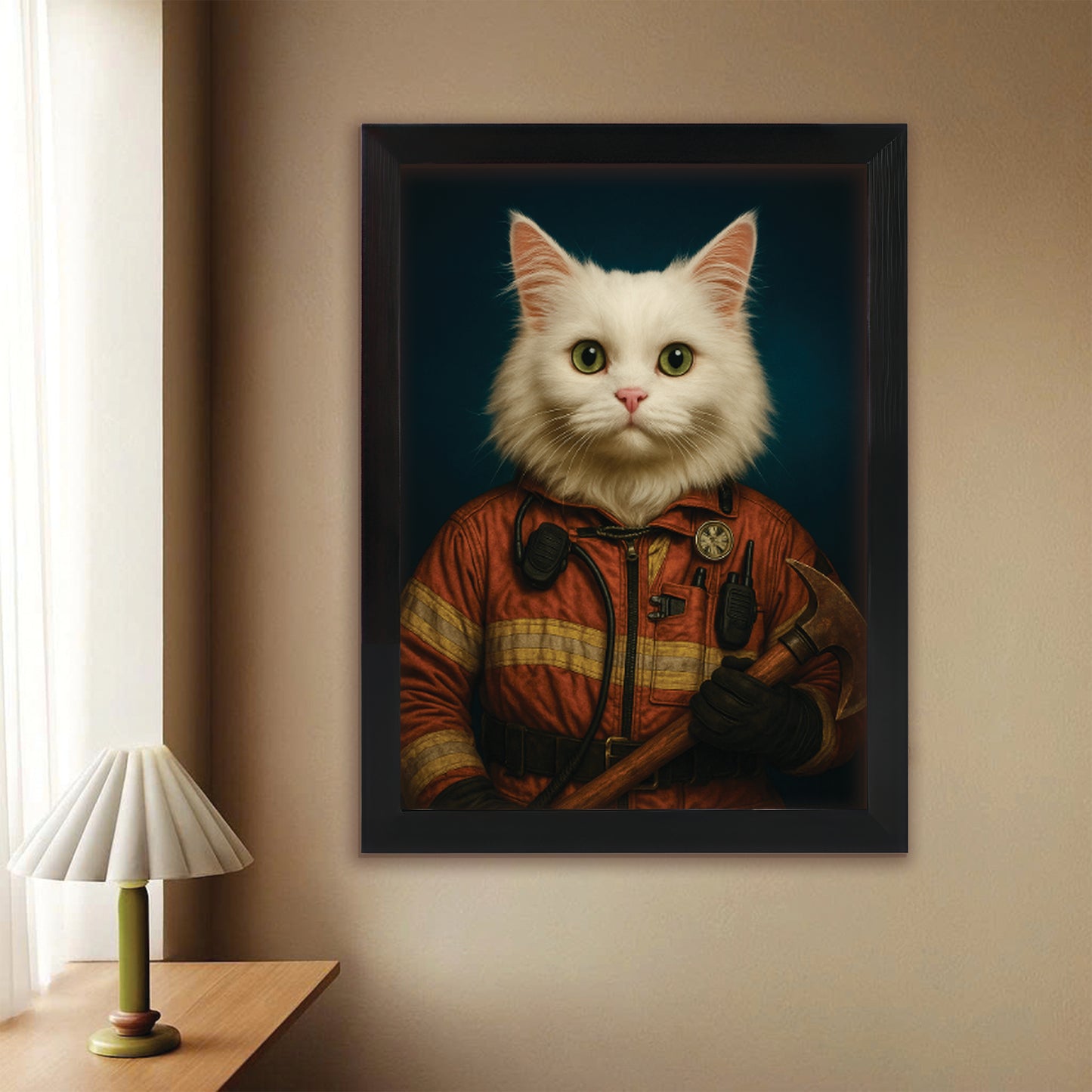 Custom Cat Photo Firefighter Canvas Framed Wall Art _ Gift For Cat Lovers